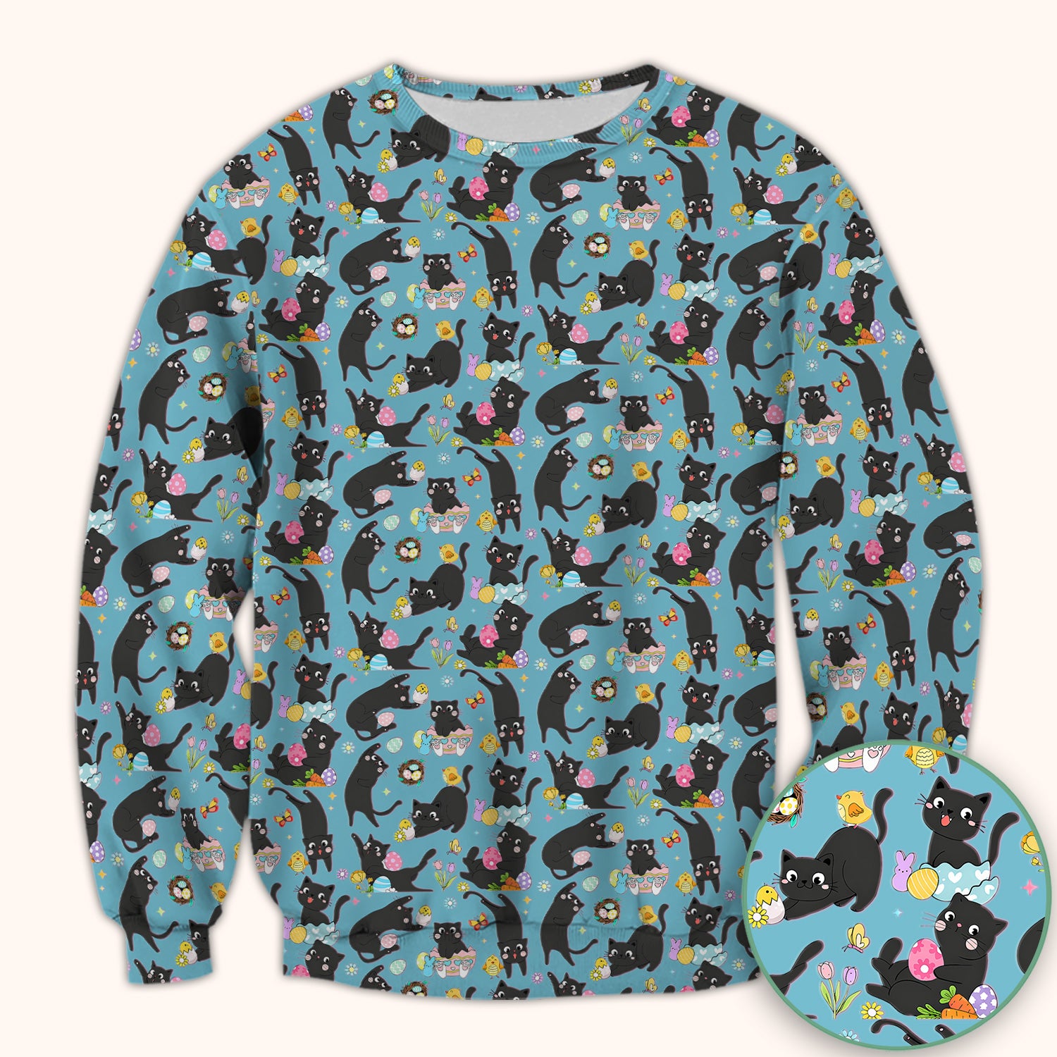 Playful Black Cat Easter Egg Pattern Scrub Top, Comfortable Scrubs for Nurses