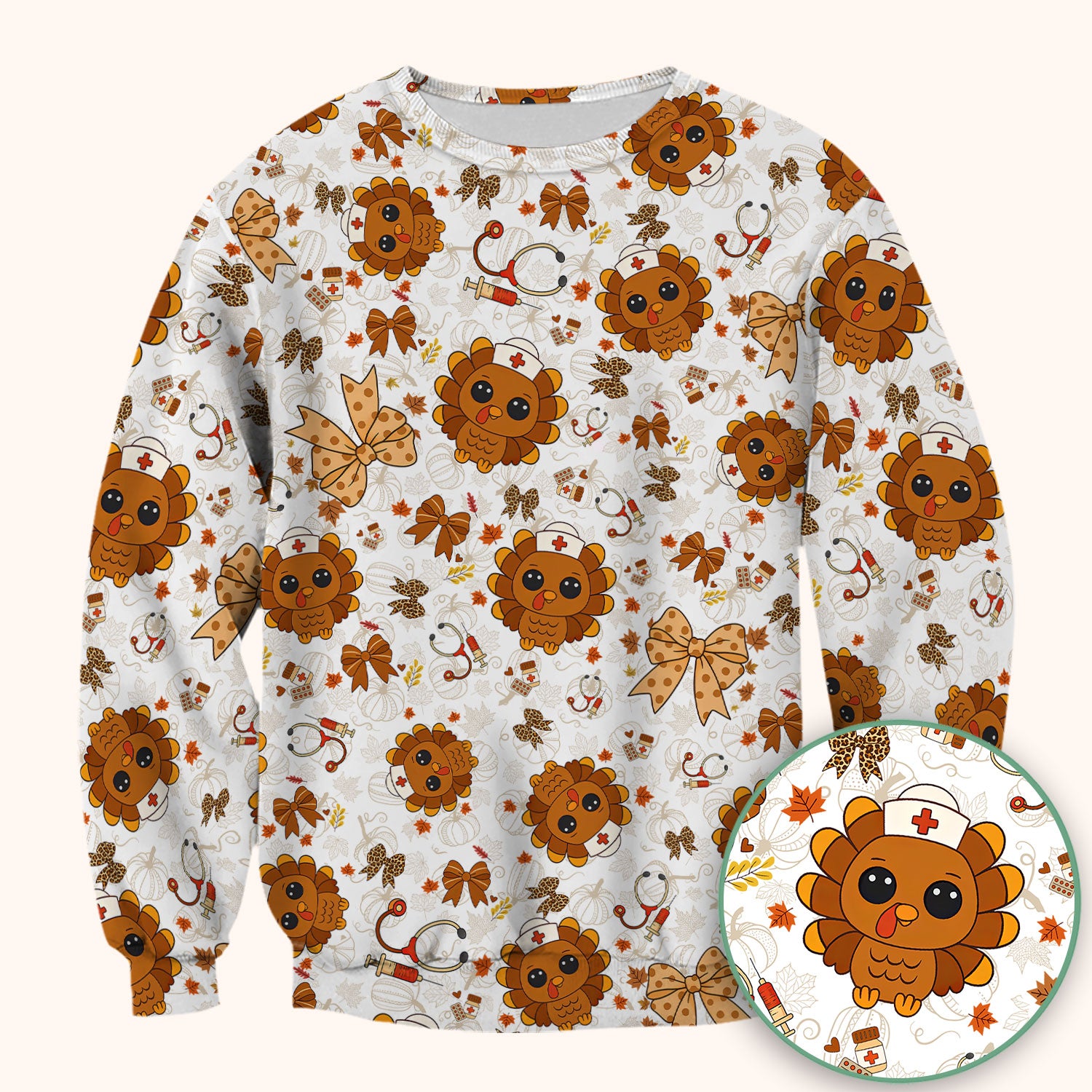 Thanksgiving Turkey Nurse Scrub Top for Women - Cute Fall Leaves and Bow Shirt - Autumn Medical Shirt Gift for RN CNA LPN Doctor