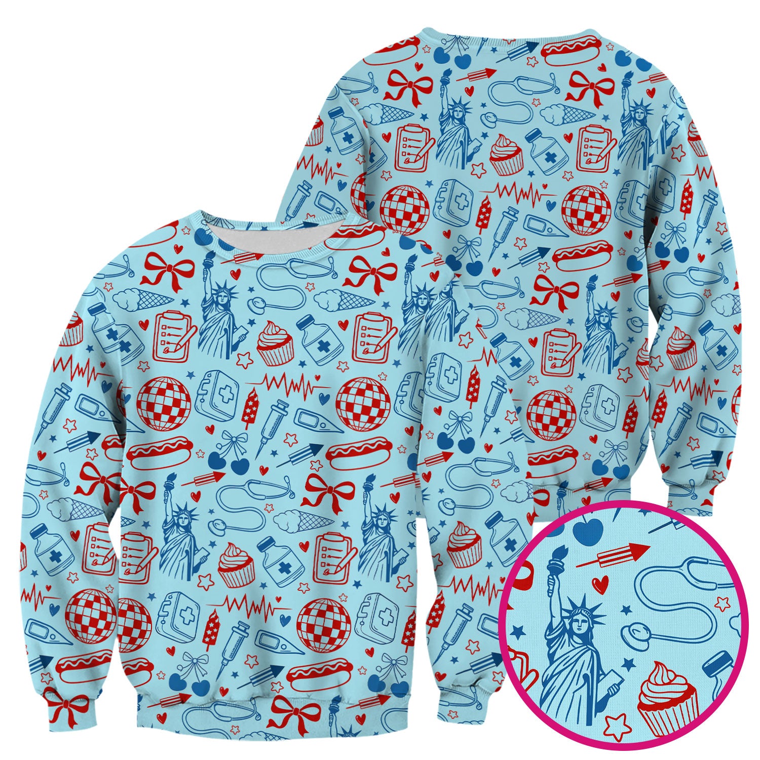 Patriotic Nurse Medical Icons Pattern Scrub Top, Breathable Fabrics Nursing Uniform