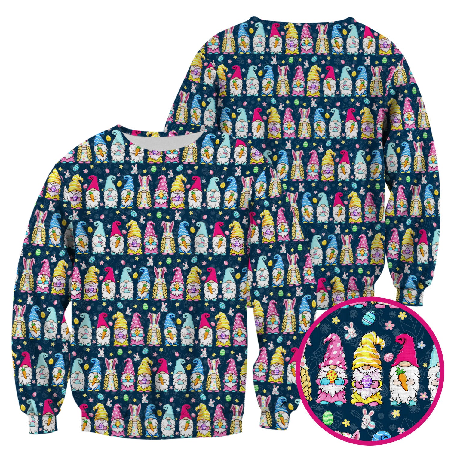 Colorful Easter Gnome Bunny Eggs Print Scrub Top, Comfortable Scrubs for Nurses