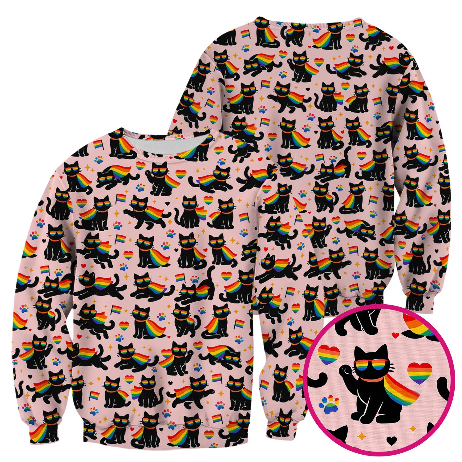 Rainbow Black Cat Pride Pattern Scrub Top, Breathable Fabrics Nursing Uniform
