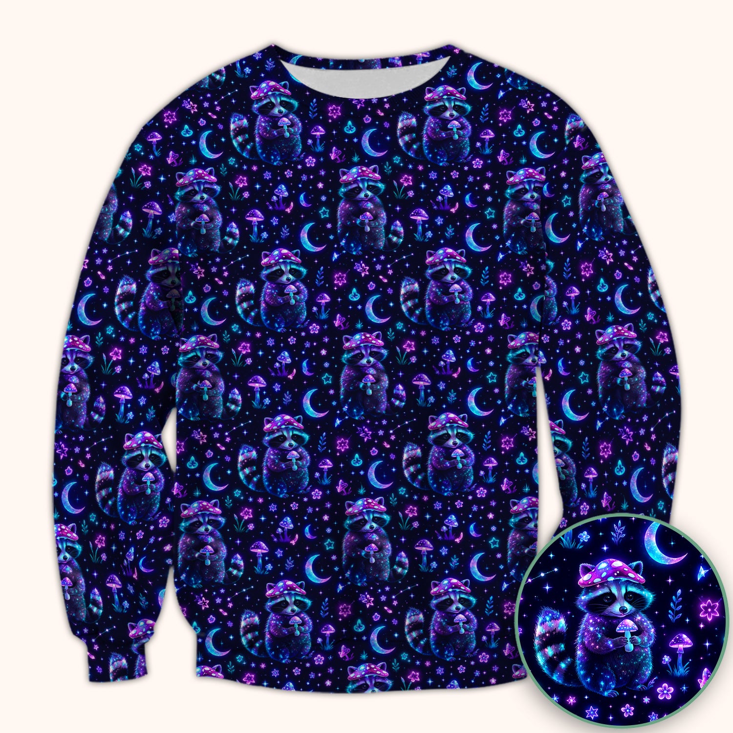 Neon Mushroom Raccoon Moonlight Pattern Scrub Top, Comfortable Scrubs for Nurses