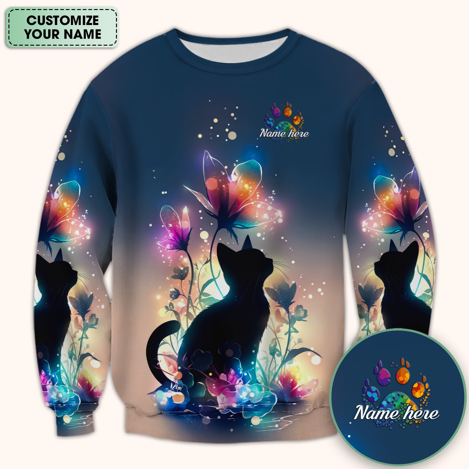 Custom Name Cat Floral Glow Pattern Scrub Top, Breathable Fabrics Nursing Uniform