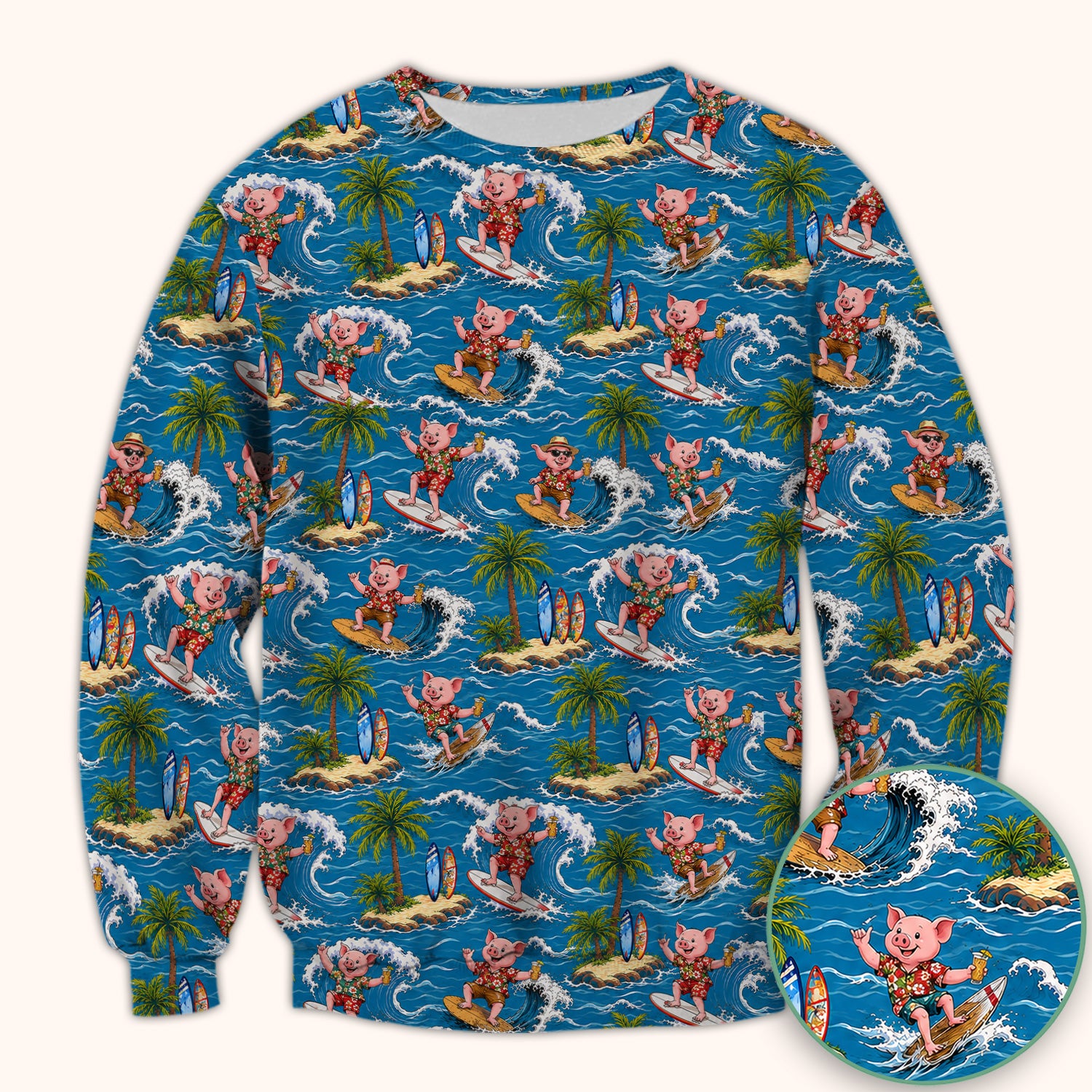Tropical Surfing Pig Island Pattern Scrub Top, Comfortable Scrubs for Nurses