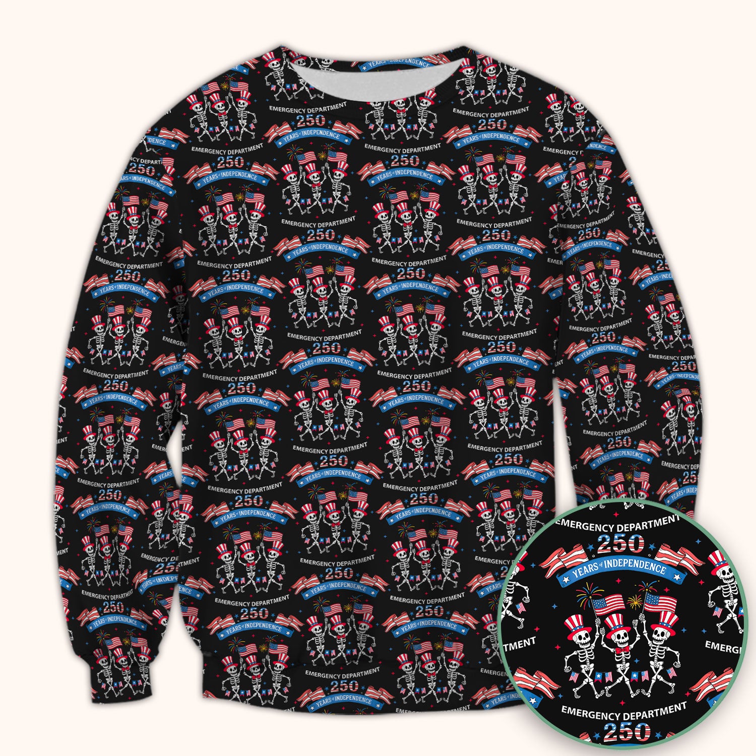 Patriotic Skeleton 250 Years ER Print Scrub Top, Breathable Fabrics Nursing Uniform