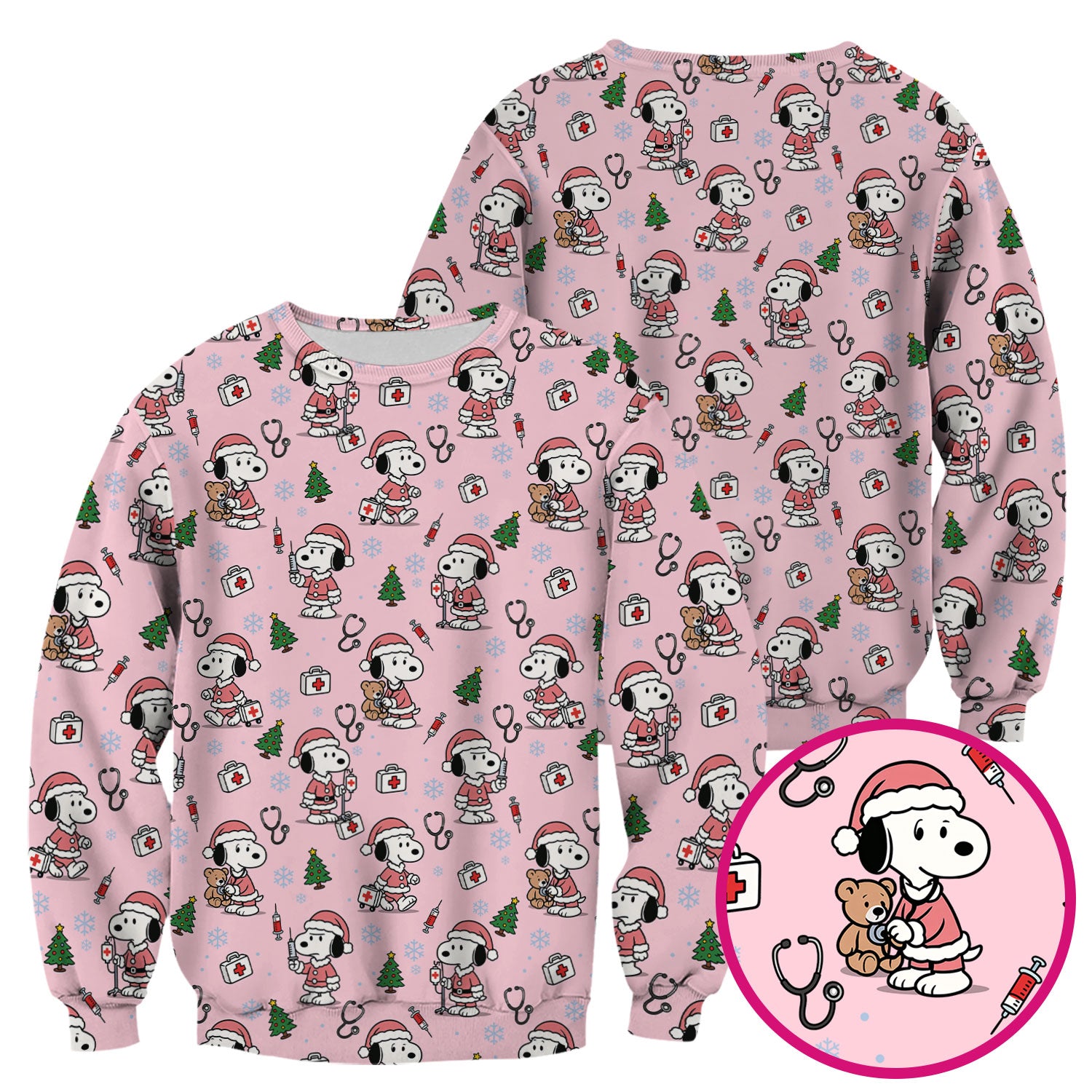 Snoopy Christmas Nurse Scrubs Top - Cute Pink Holiday Nursing Shirt - Funny Xmas Scrub Top for Women Nurses & Medical Workers