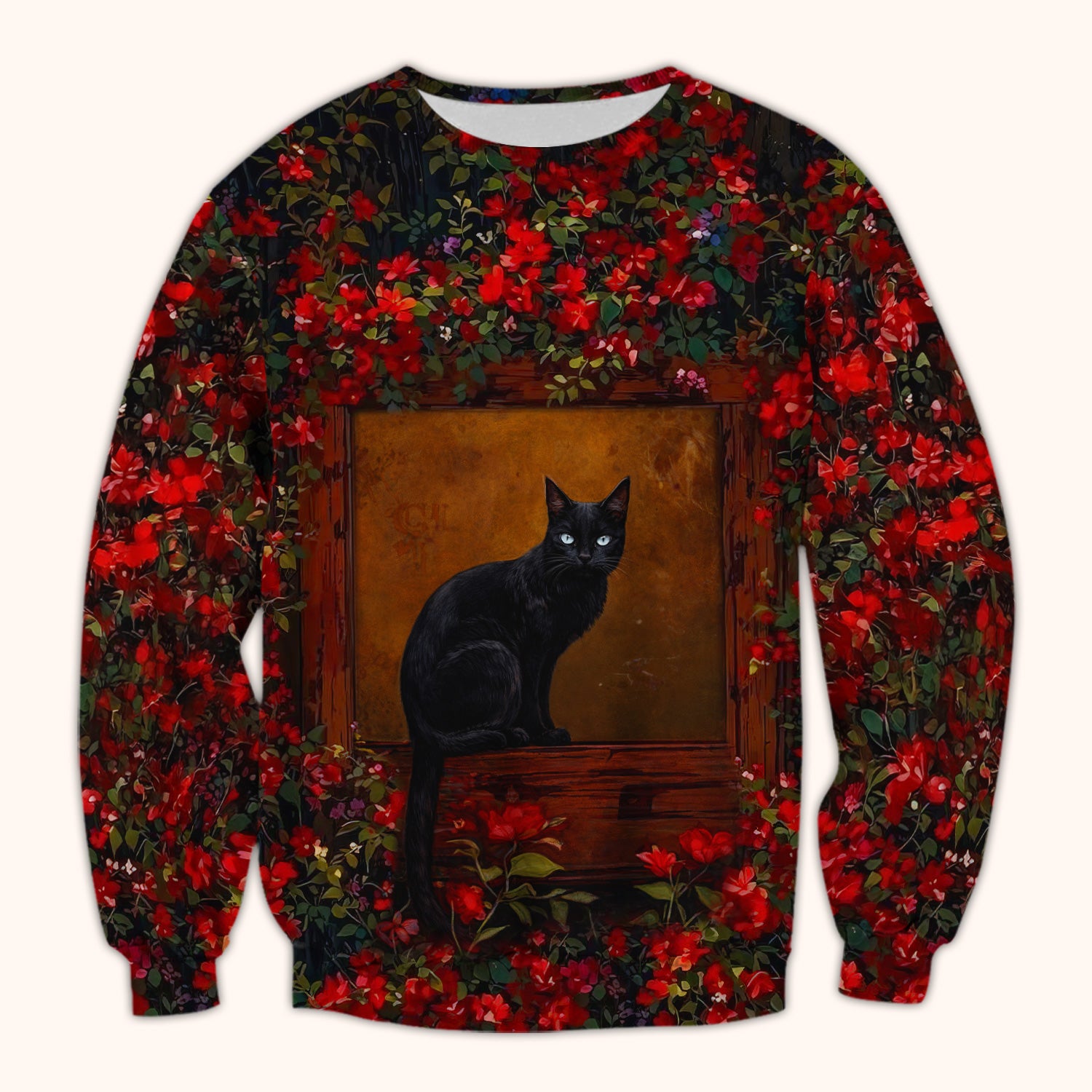 Black Cat Sitting By Red Floral Garden Window Scrub Top, Comfortable Scrubs for Nurses