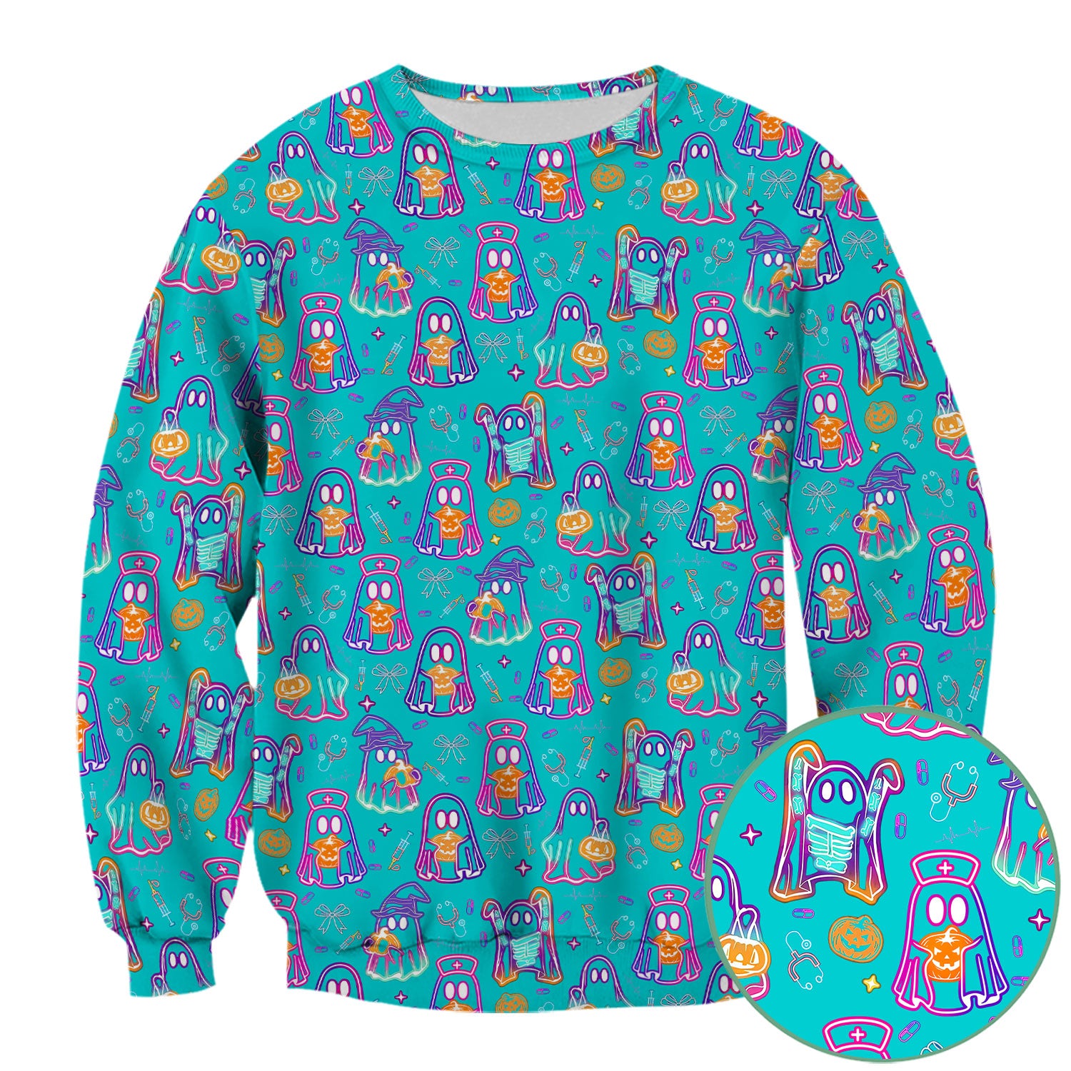 Halloween Nurse Scrub Top for Women - Cute Neon Ghost Medical Uniform - Funny Spooky Nursing Shirt RN CNA LPN Gift