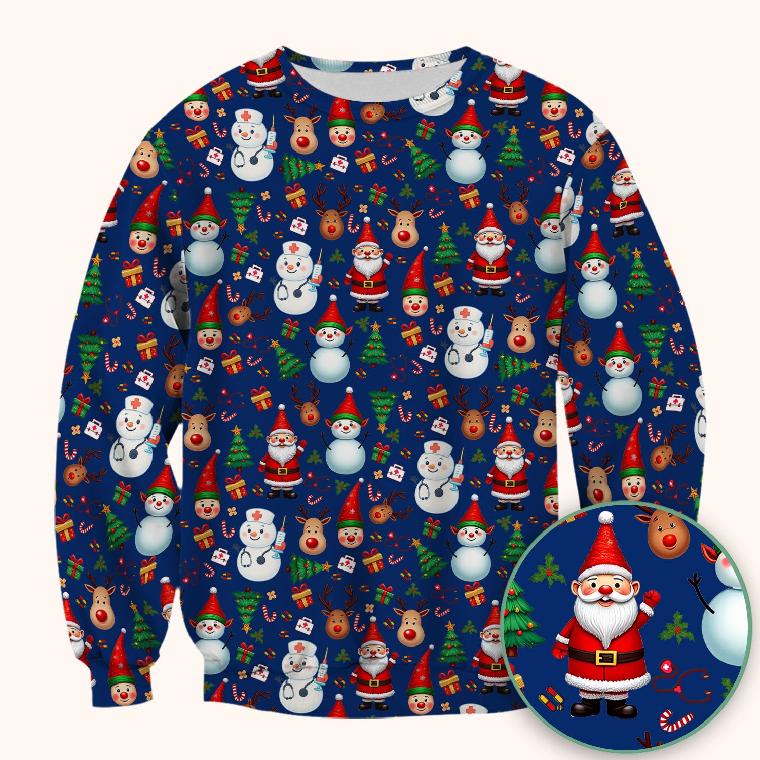 Christmas Scrub Top for Nurses - Cute Snowman Reindeer Santa Pattern - Holiday Medical Uniform RN CNA LPN Gift