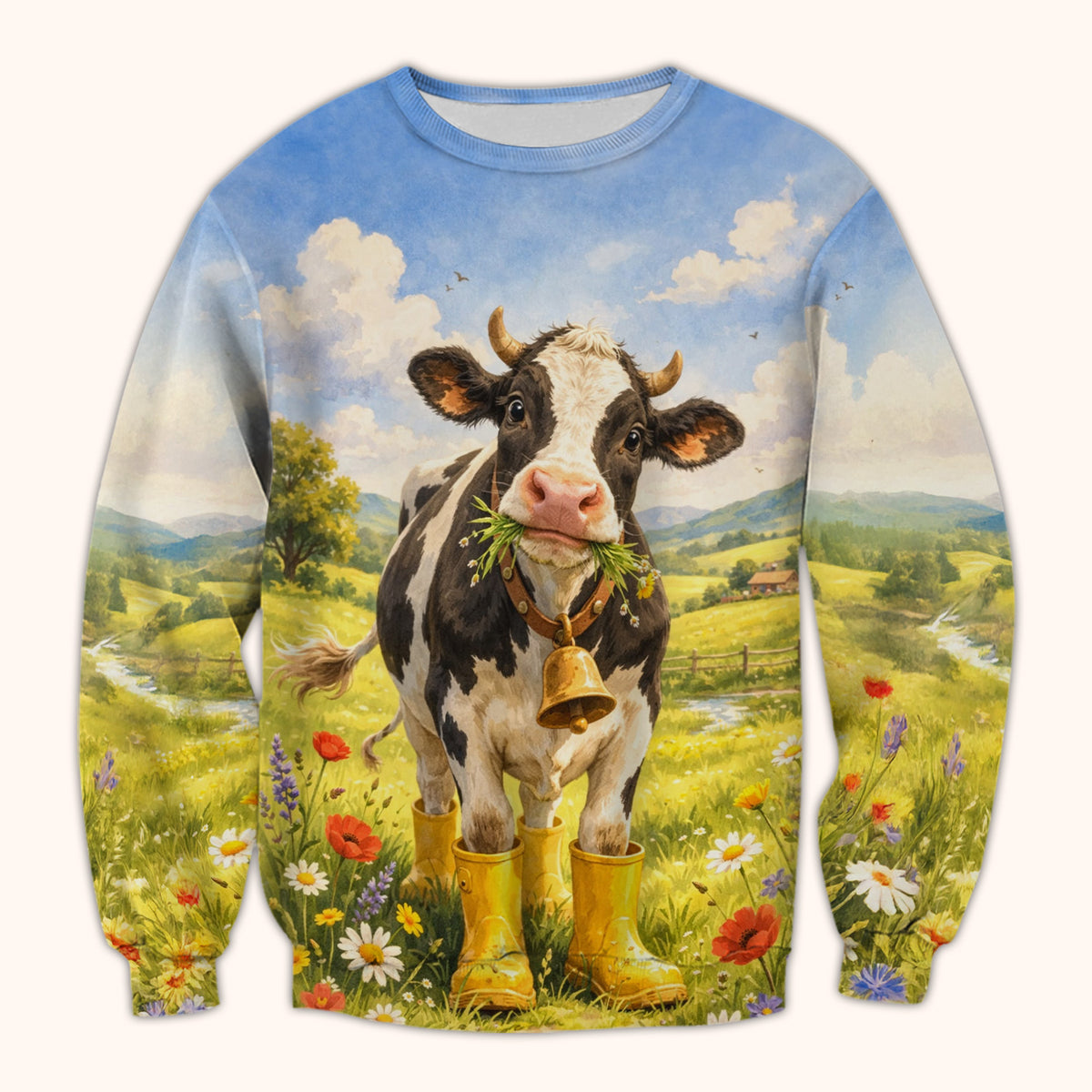 Cute Cow Wearing Boots Meadow Scene Pattern Scrub Top, Comfortable Scrubs for Nurses