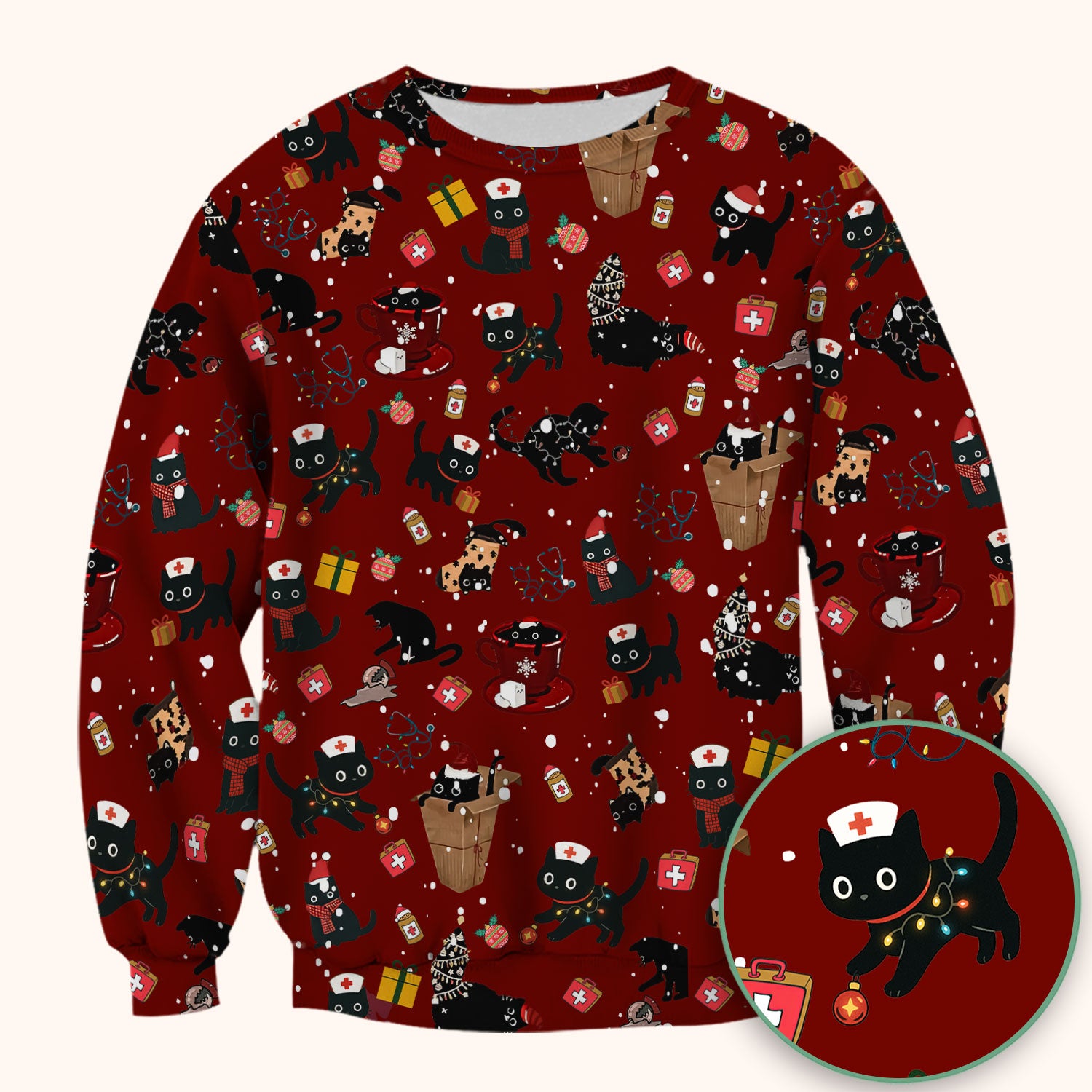 Funny Cat Scrub for Women - Christmas Black Cats Comfortable Scrubs for Nurses - Breathable Fabrics Nursing Uniform