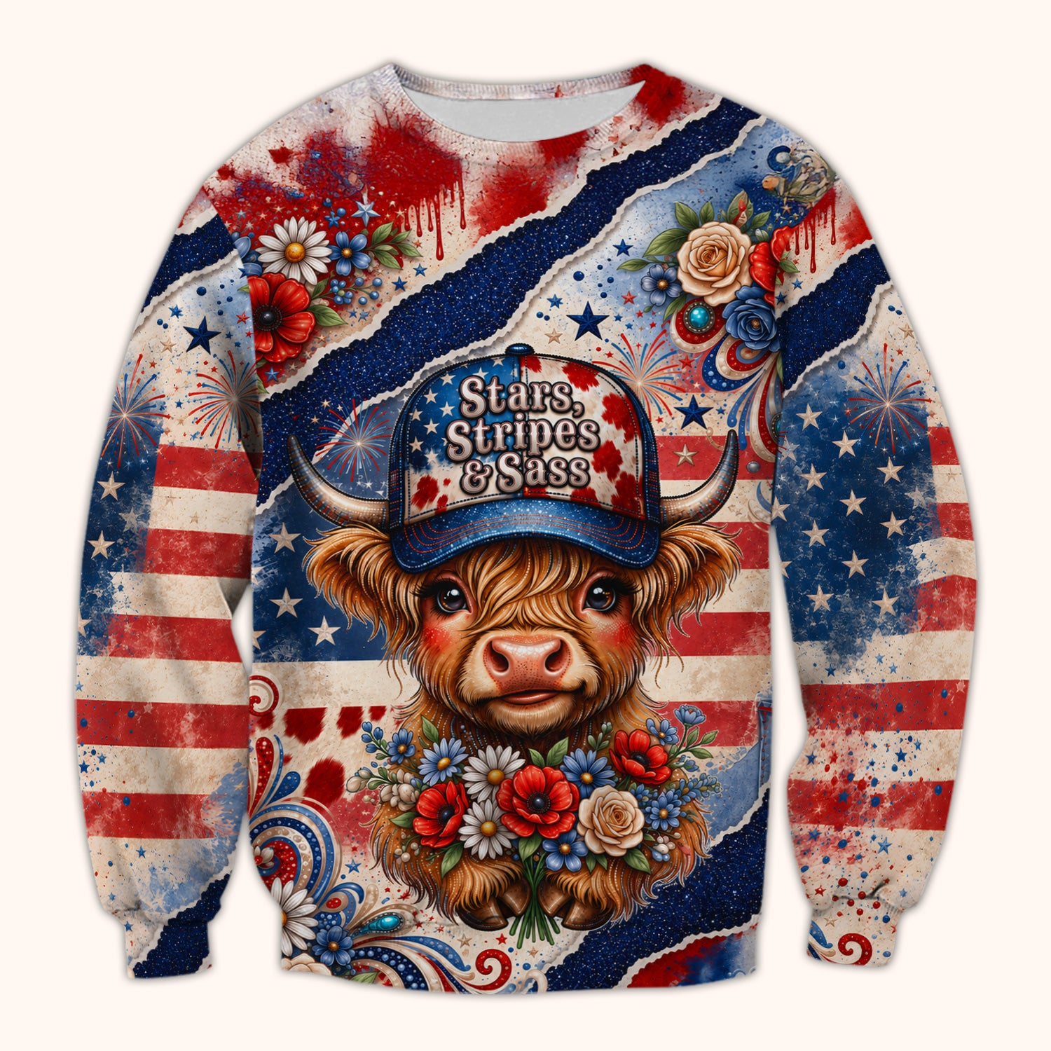 Patriotic Highland Cow Pattern, Healthcare Workers Scrub Top, Comfortable Scrubs for Nurses