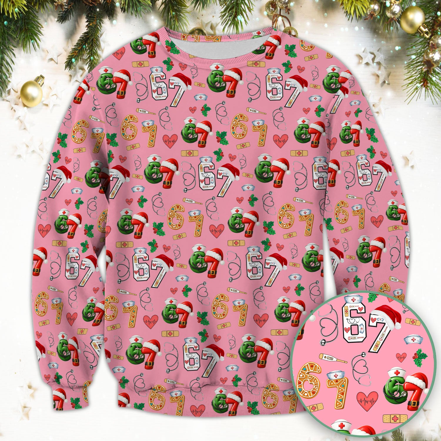 Christmas Nurse 67 Pattern Scrub Top, Cute Holiday Medical Shirt With Santa Hat, Uniform For Nursing
