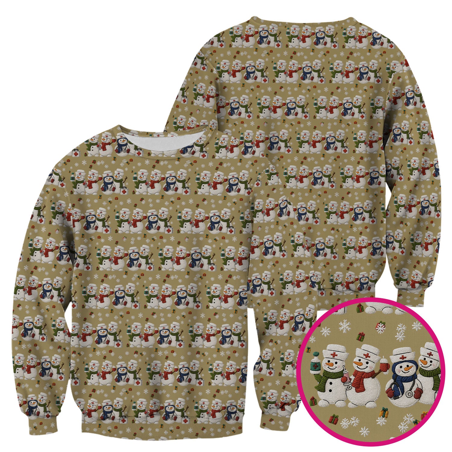 Cute Christmas Snowman Nurse Pattern Scrub Top, Breathable Fabrics Nursing Uniform