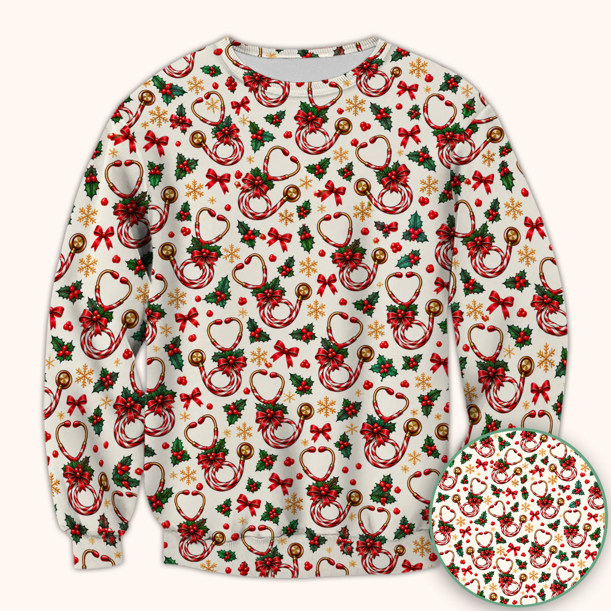 Christmas Candy Cane Stethoscope Pattern Scrub Top, Comfortable Scrubs for Nurses