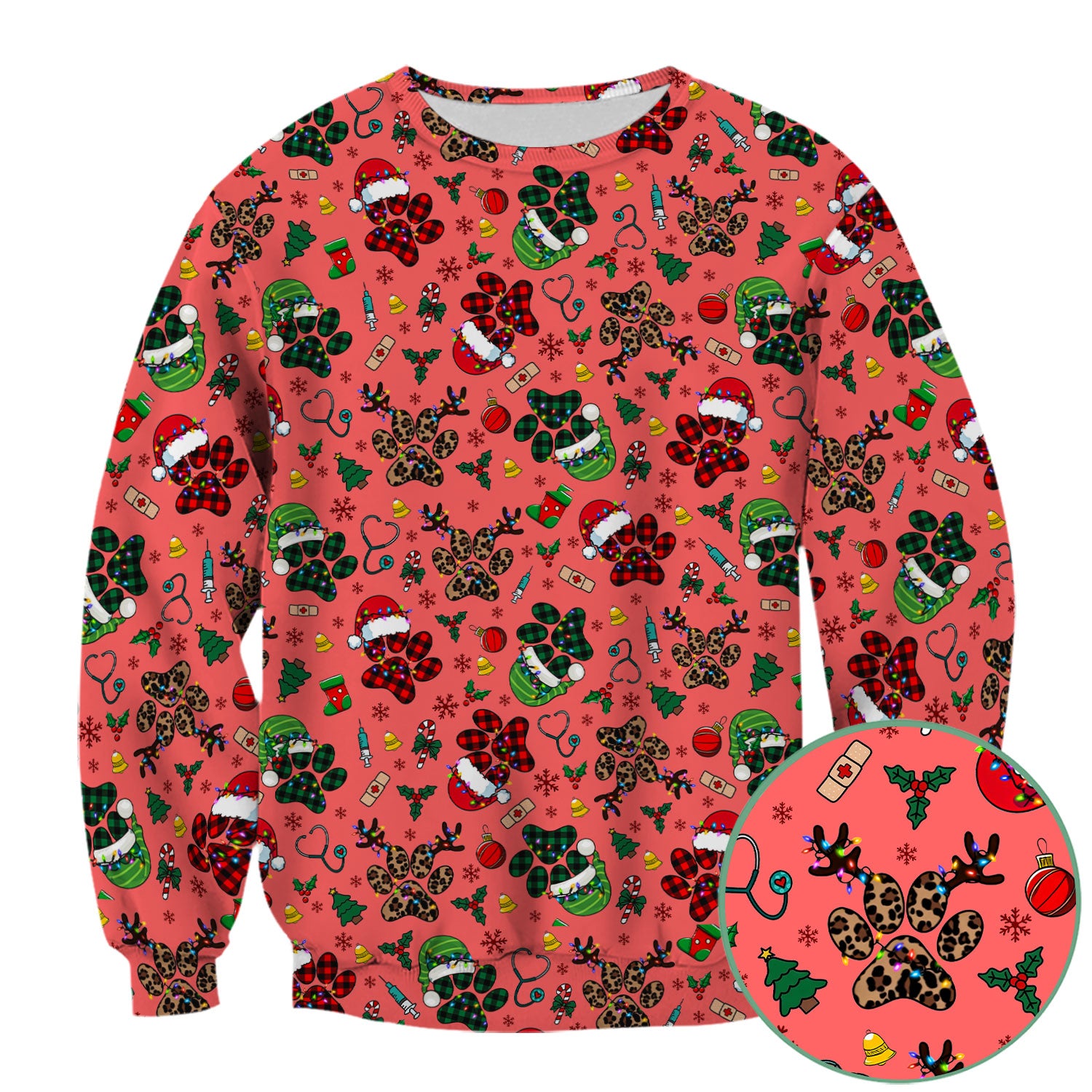 Christmas Paw Print Scrub Top for Nurses - Cute Leopard Holiday Pattern - Funny Festive Medical Uniform Gift