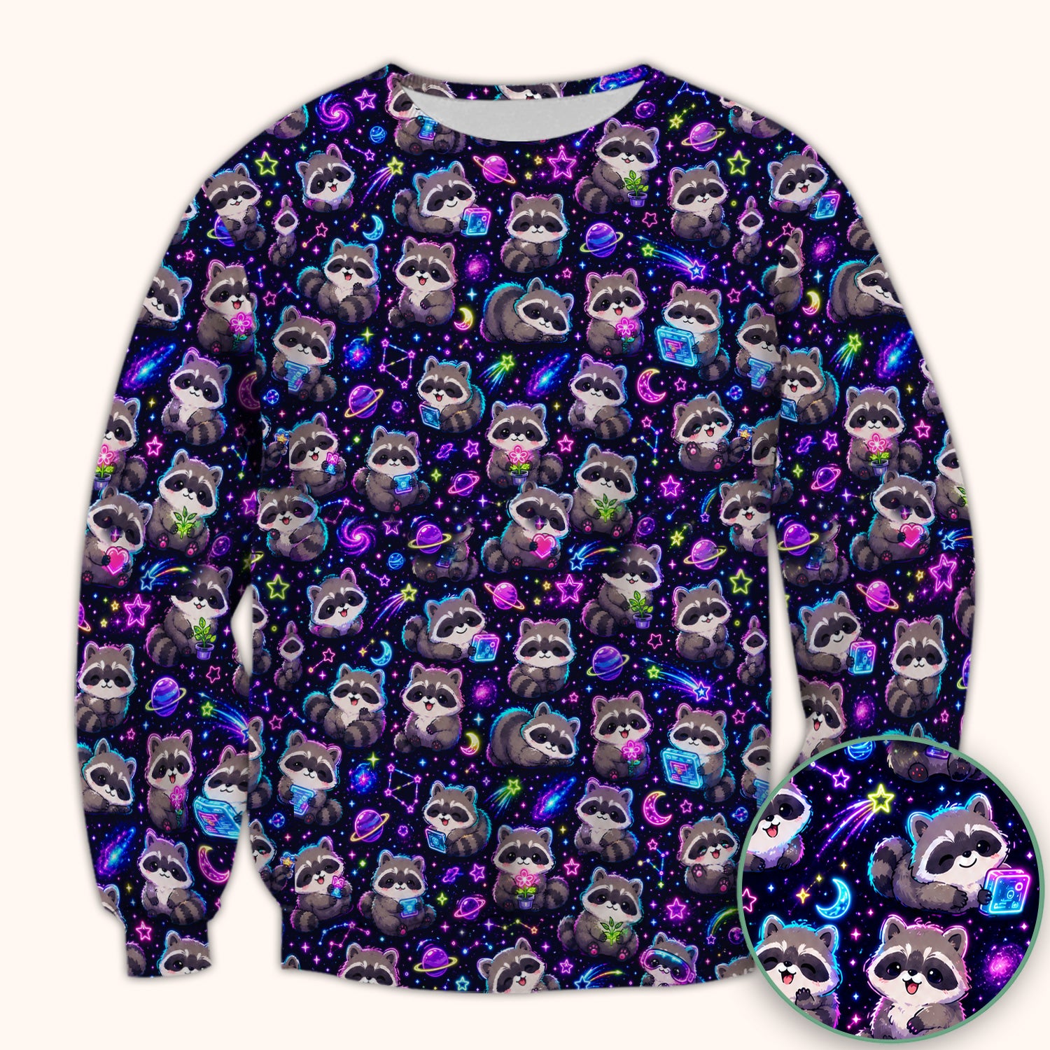 Neon Galaxy Raccoon Space Pattern Scrub Top, Comfortable Scrubs for Nurses