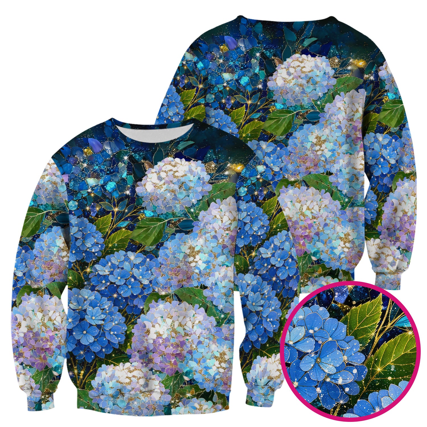 Blue Hydrangea Floral Pattern Scrub Top, Breathable Fabrics Nursing Uniform