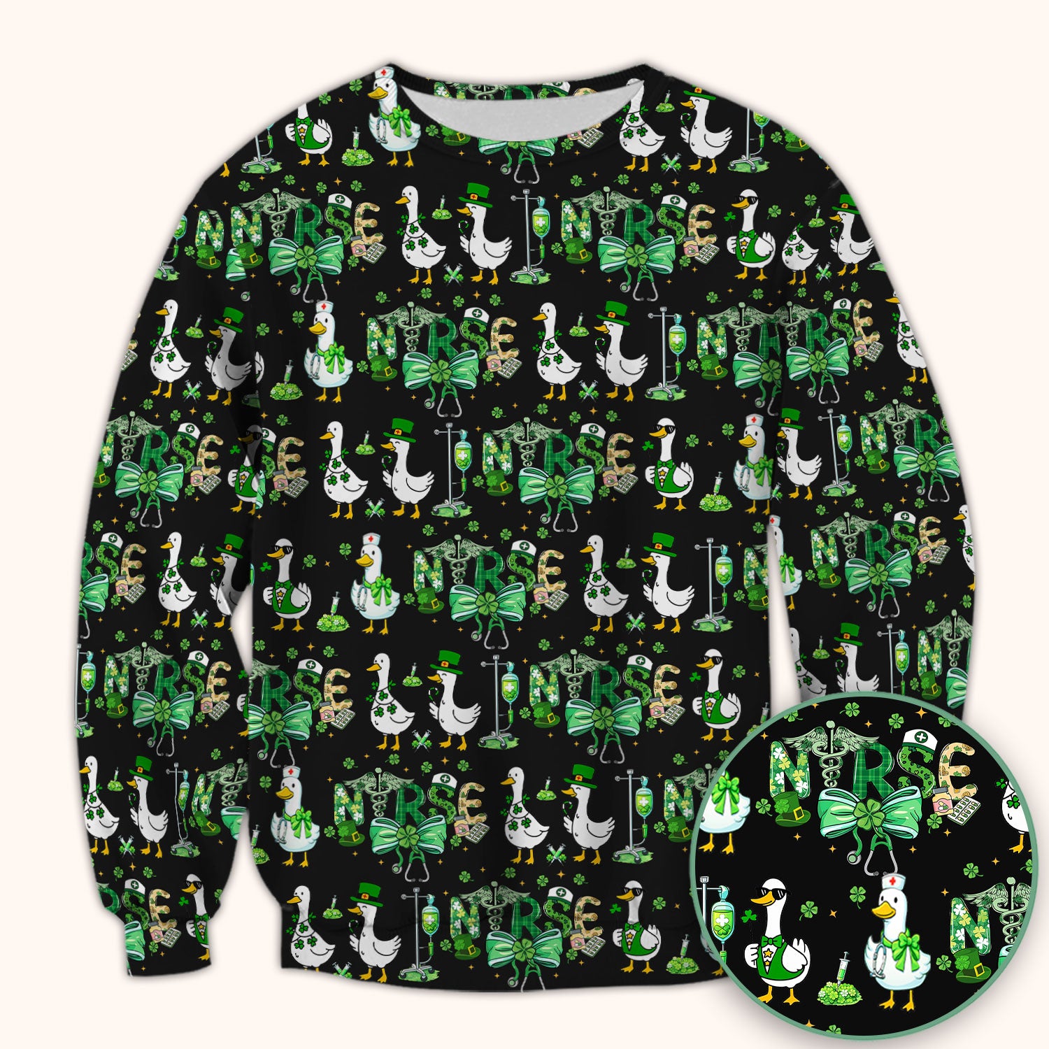 Funny Goose Nurse Shamrock Scrub Top, St. Patrick’s Day Nurse Pattern Shirt, Breathable Fabrics Nursing Uniform