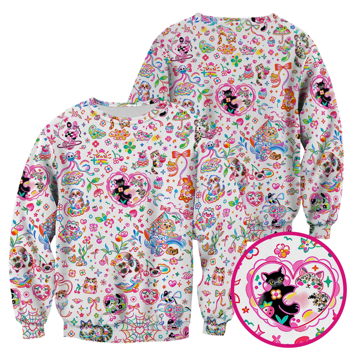 Colorful Kawaii Cat Heart Doodle Pattern Scrub Top, Comfortable Scrubs for Nurses