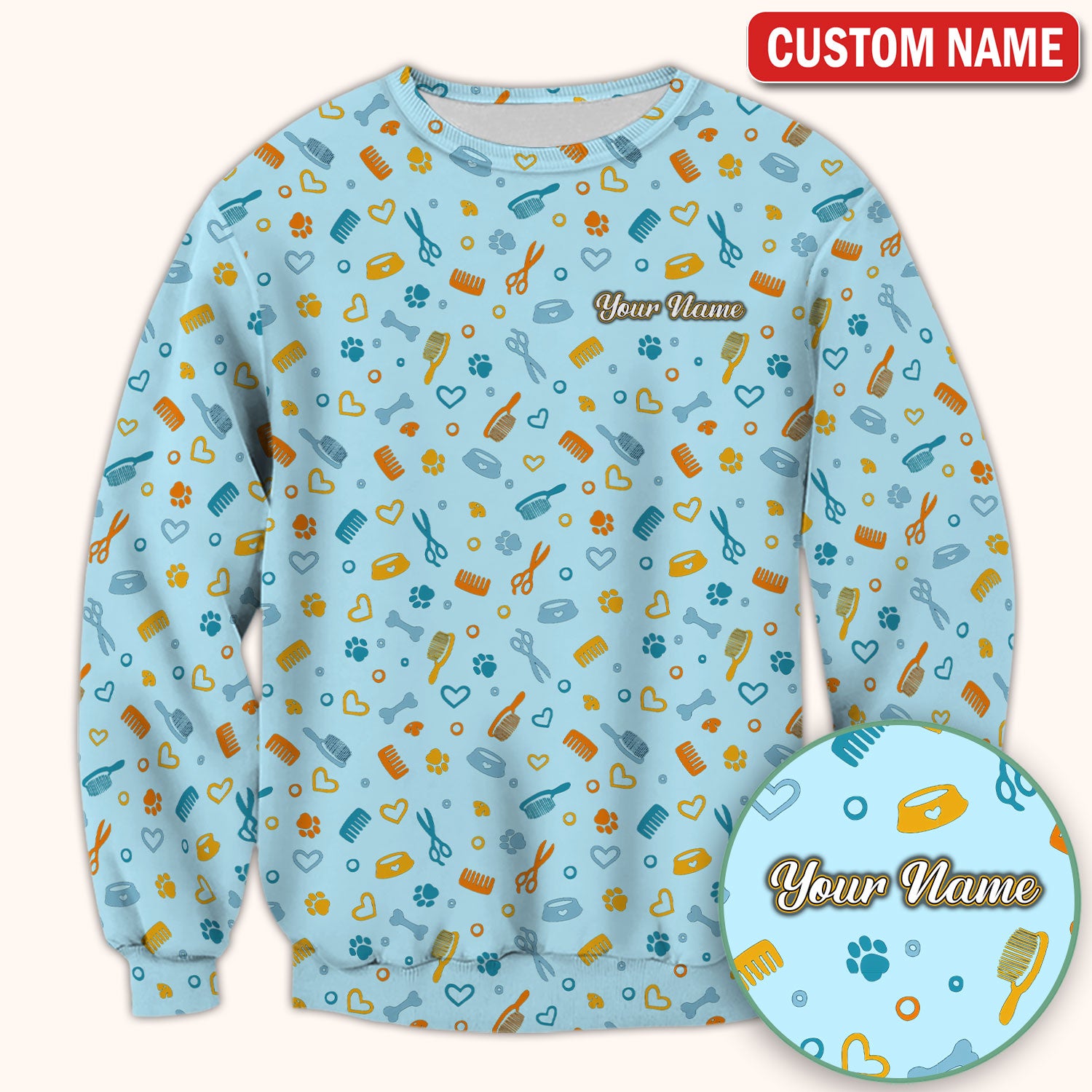 Custom Name Dog Cat Grooming Pattern Scrub Top, Breathable Fabrics Nursing Uniform