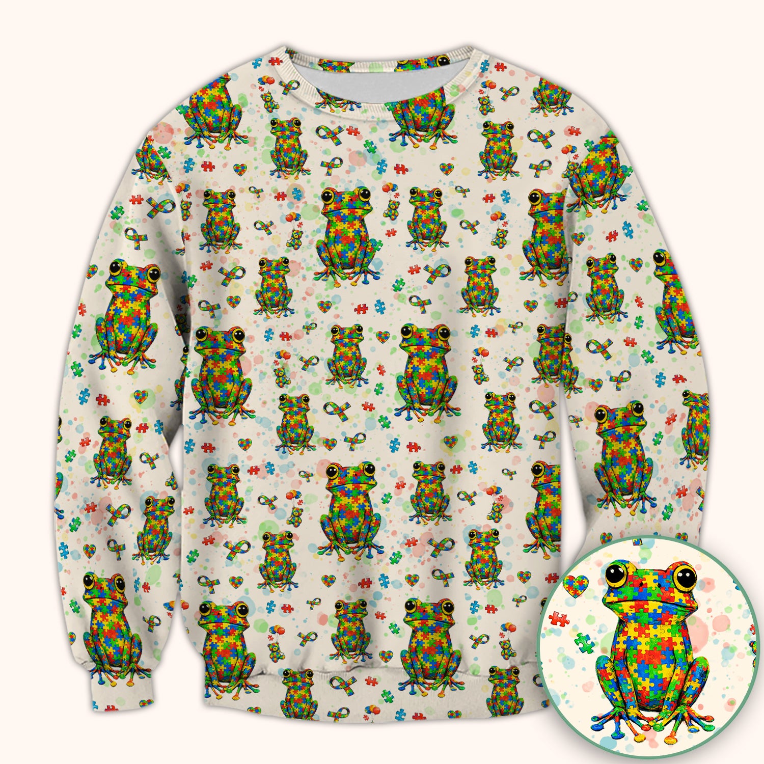 Colorful Autism Puzzle Frog Pattern Scrubs Top, Comfortable Scrubs for Nurses