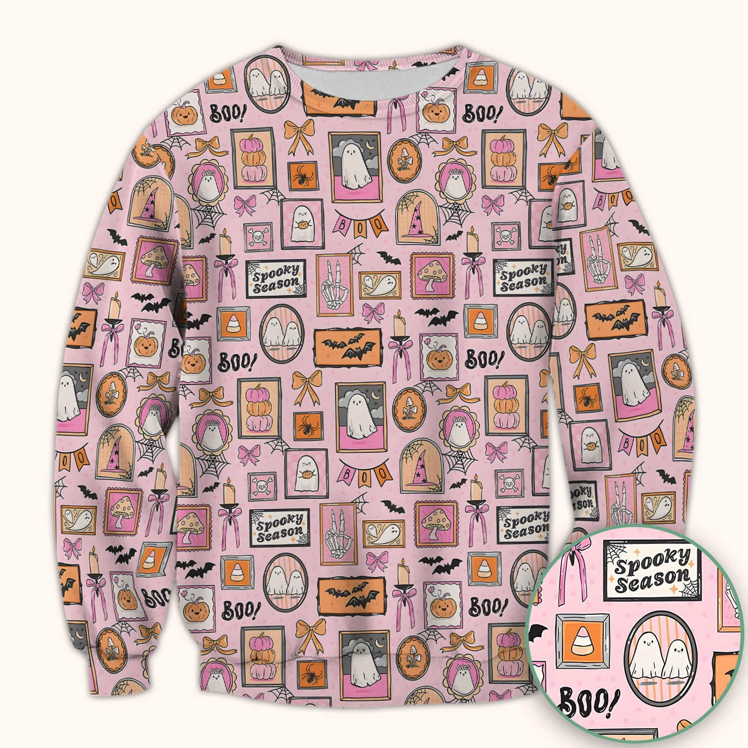 Pink Halloween Ghost Gallery Print Scrub Top, Comfortable Scrubs for Nurses