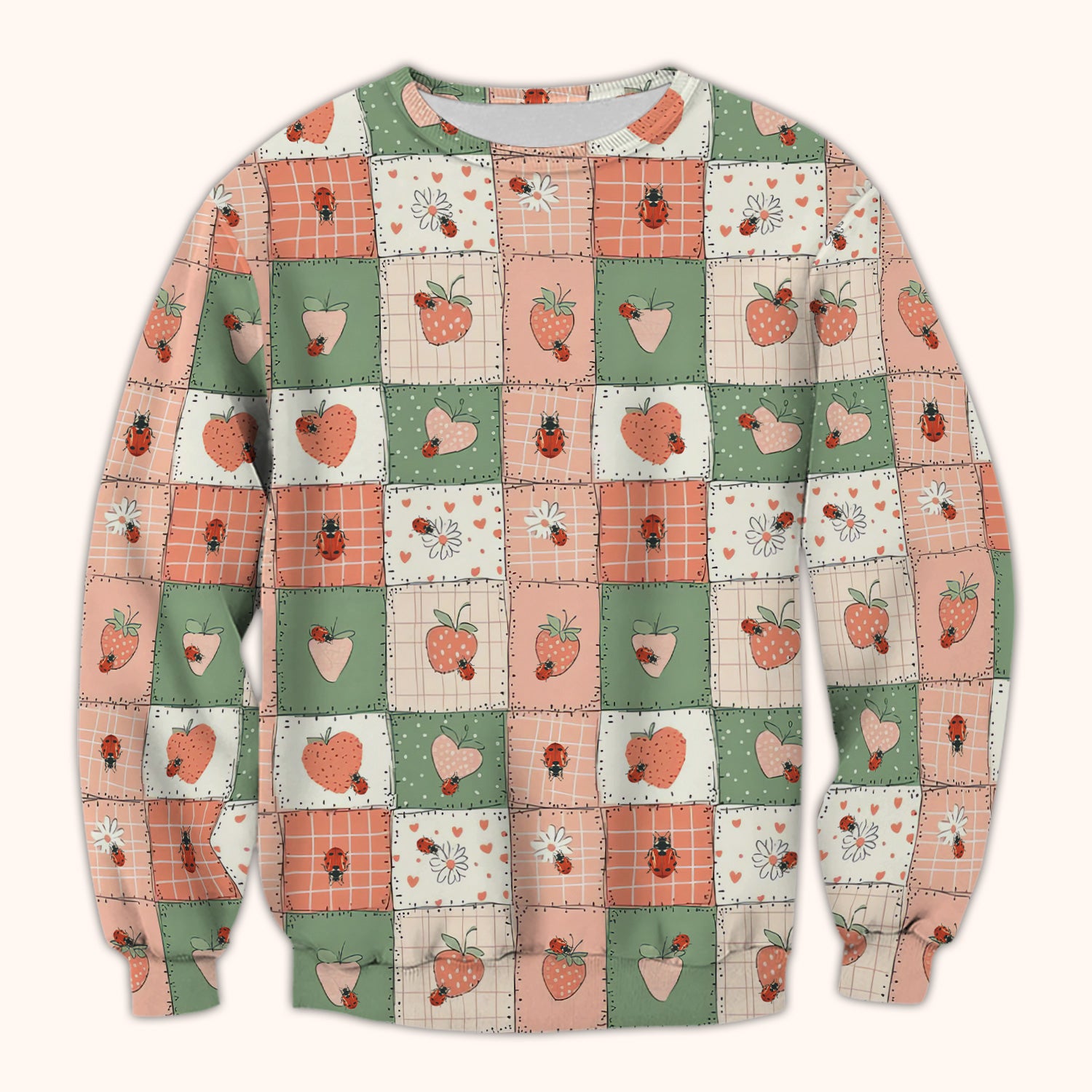 Strawberry Ladybug Patchwork Pattern Scrub Top, Comfortable Scrubs For Nurses