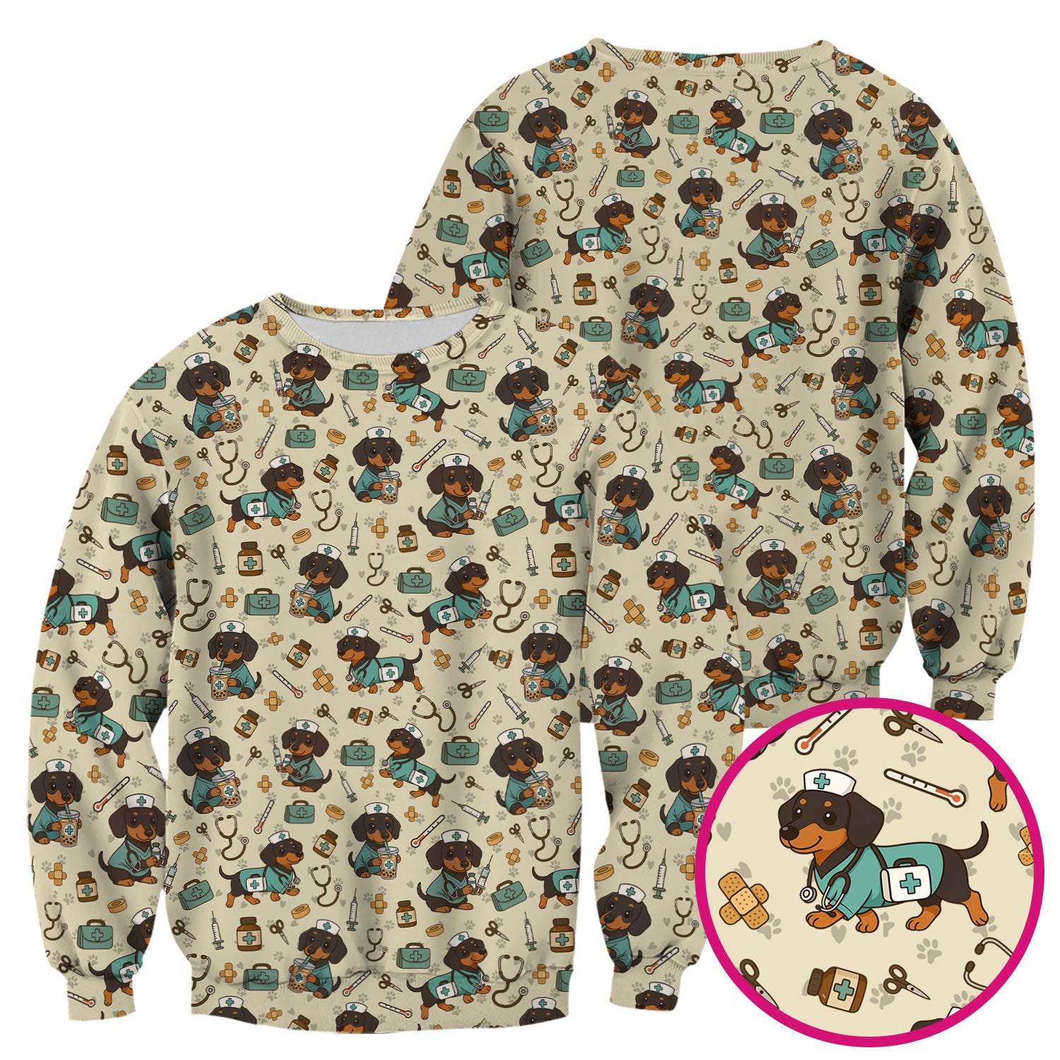 Funny Dachshund Nurse Scrubs - Cute Dog Print Medical Shirt - Holiday Nurse Scrub Top Gift for RN CNA Doctor, Women & Men