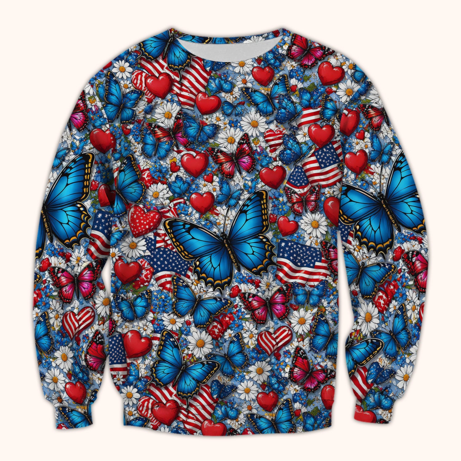 Festive Patriotic Butterfly Heart Floral Pattern Scrub Top, Comfortable Scrubs for Nurses