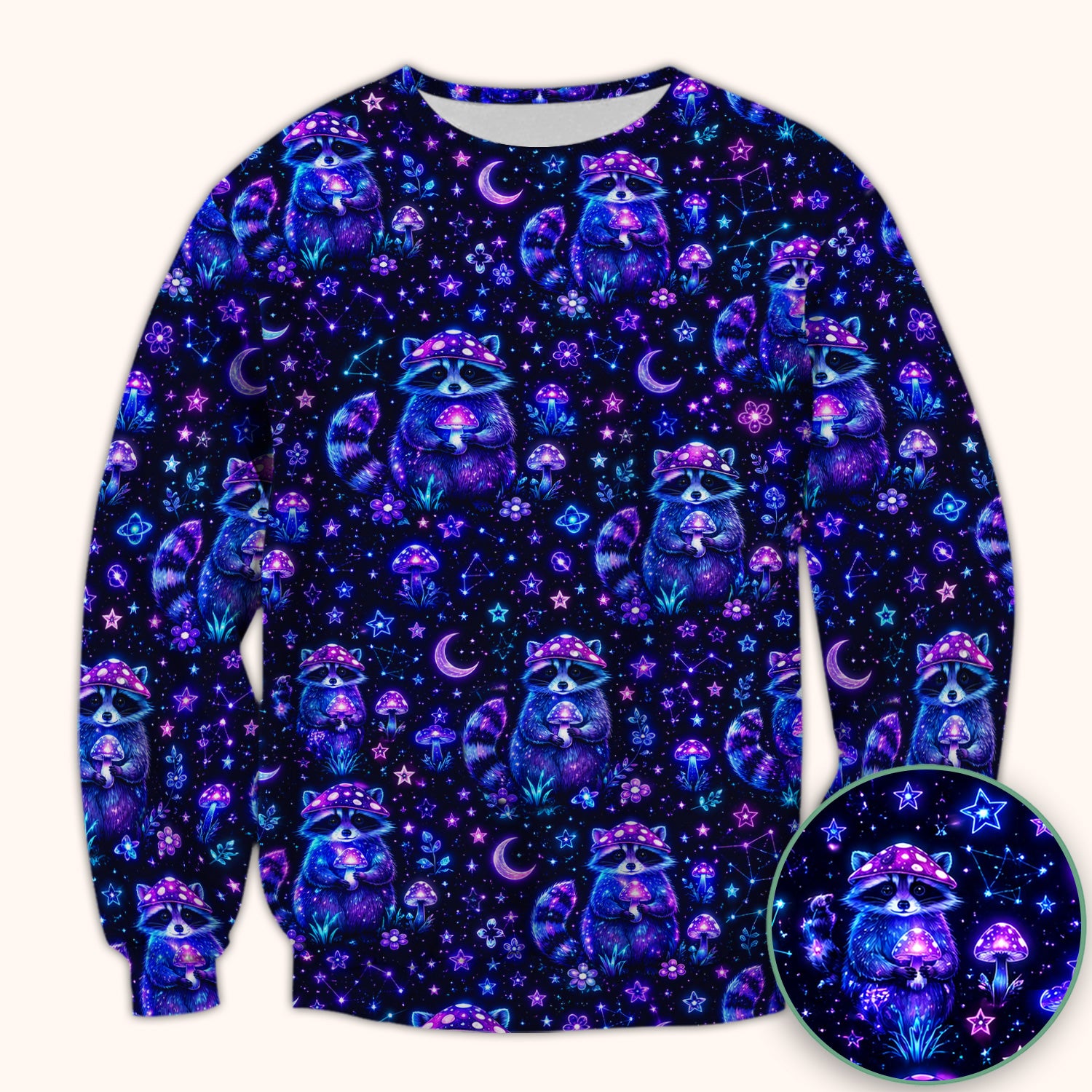 Neon Mushroom Raccoon Nurse Scrub Top for RN, CNA, Pediatric Nurses, Galaxy Uniform