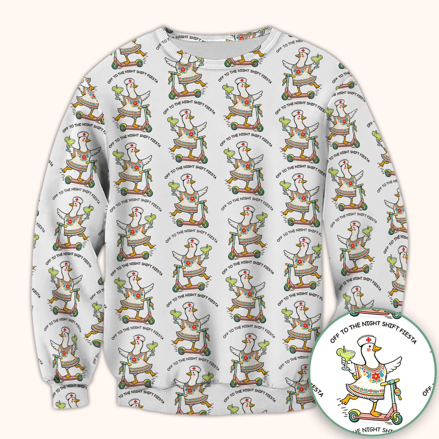 Funny Duck Scooter Night Shift Fiesta Scrub Top, Comfortable Scrubs for Nurses