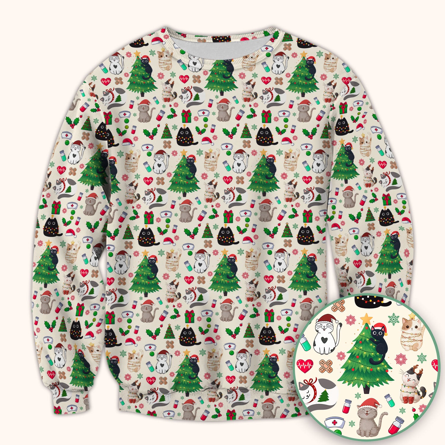 Christmas Cat Scrub Top, Xmas Pet Pattern Scrub Shirt, Breathable Fabrics Nursing Uniform