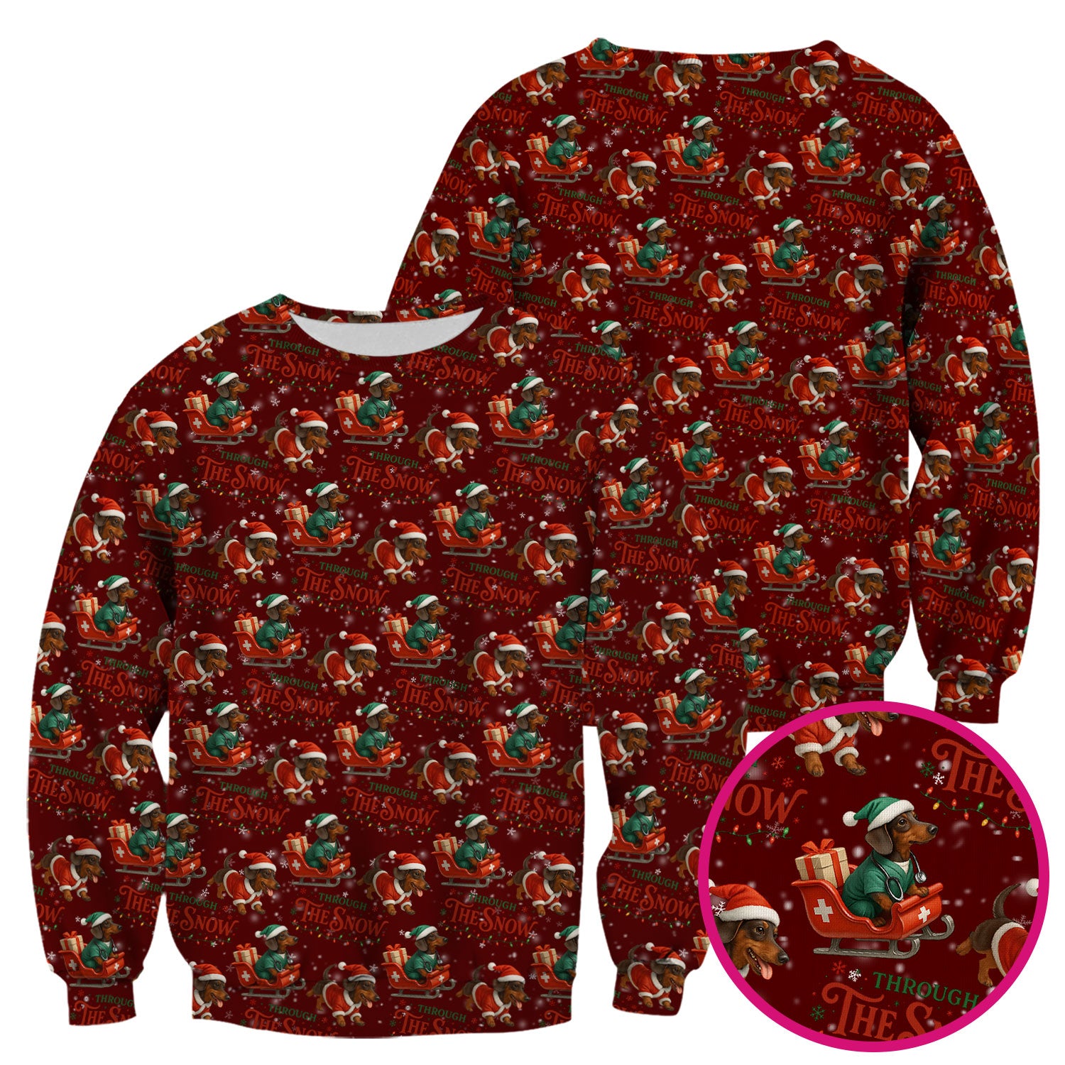 Dachshund Christmas Scrub Top, Cute Dog Nurse Scrub Shirt, Through The Snow Pattern Nursing Uniform
