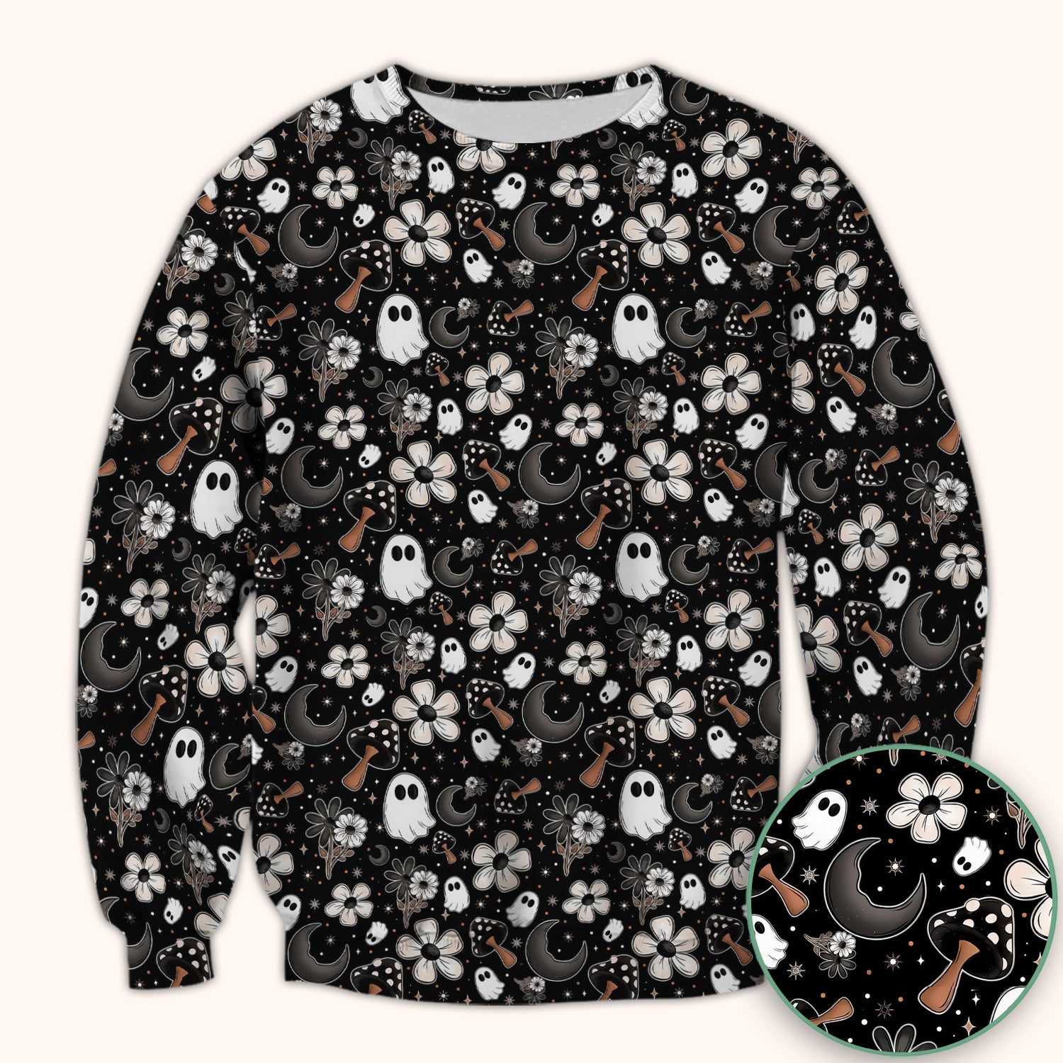 Floral Mushroom Ghost Pattern Scrub Top, Comfortable Scrubs for Nurses