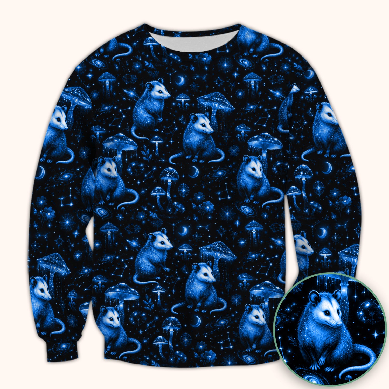 Celestial Blue Opossum With Mushroom Pattern Scrub Top, Comfortable Scrubs for Nurses