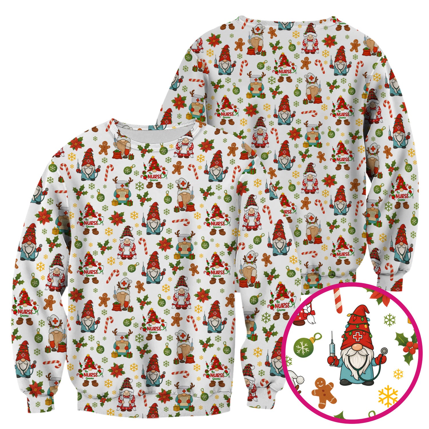 Christmas Gnome Nurse Scrub Top - Cute Holiday Santa Reindeer Print Scrubs - Funny Xmas Medical Scrub Shirt Gift for Women, CNA, RN, Doctor