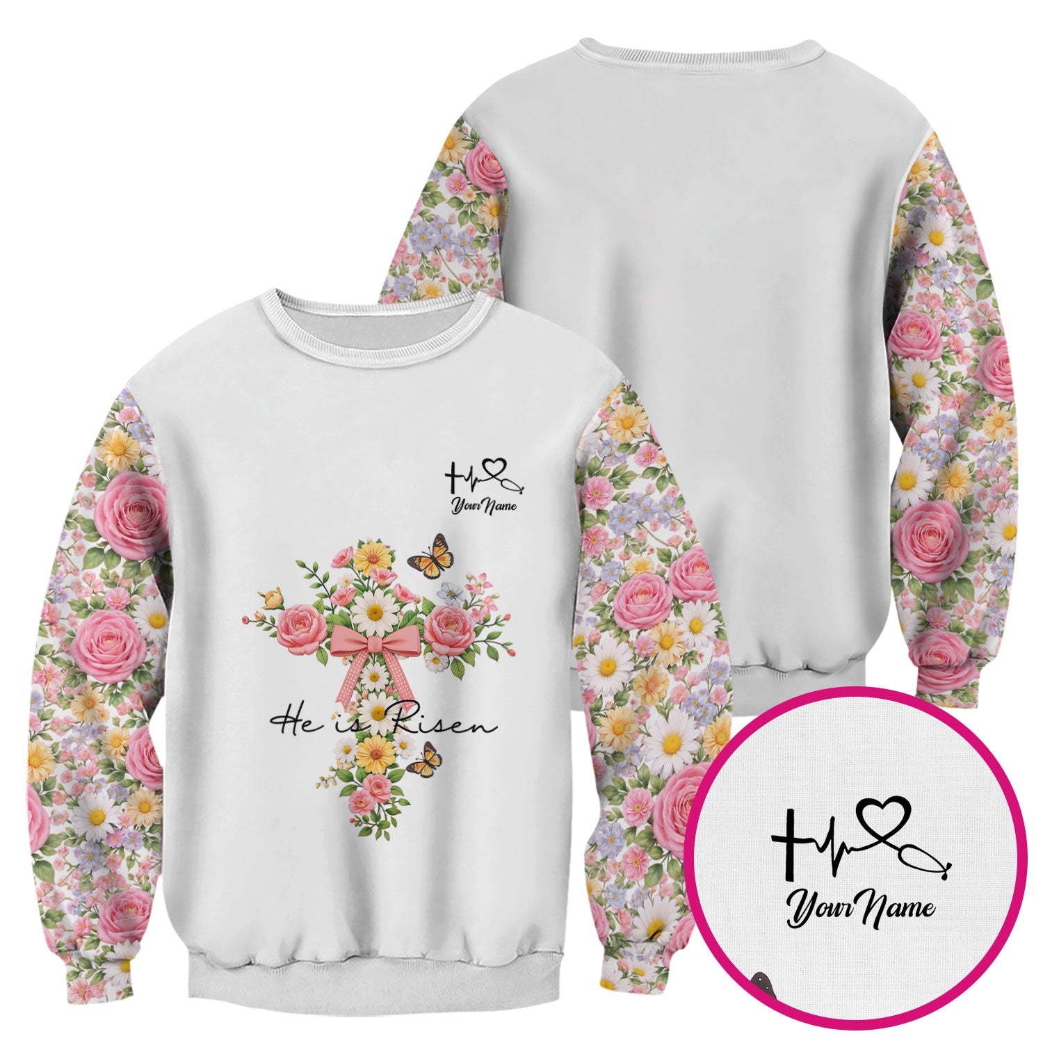 Personalized Meaningful Easter Nurse He Is Risen Floral Cross Bow Pattern Scrub Top, Comfortable Scrubs for Nurses