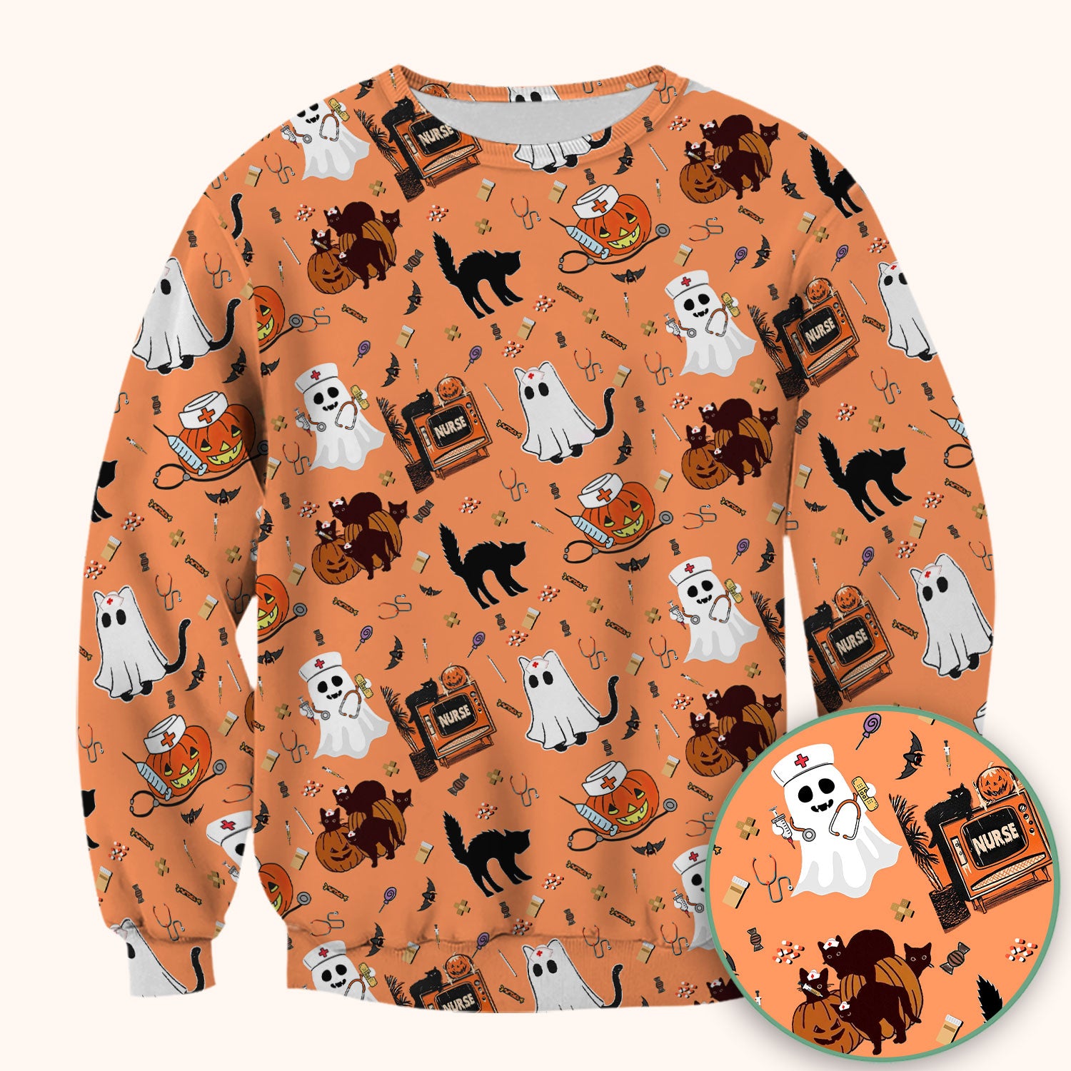 Halloween Scrub Top for Nurse - Cute Pumpkin Ghost Cat Medical Shirt - Spooky Scrubs for Women RN CNA LPN