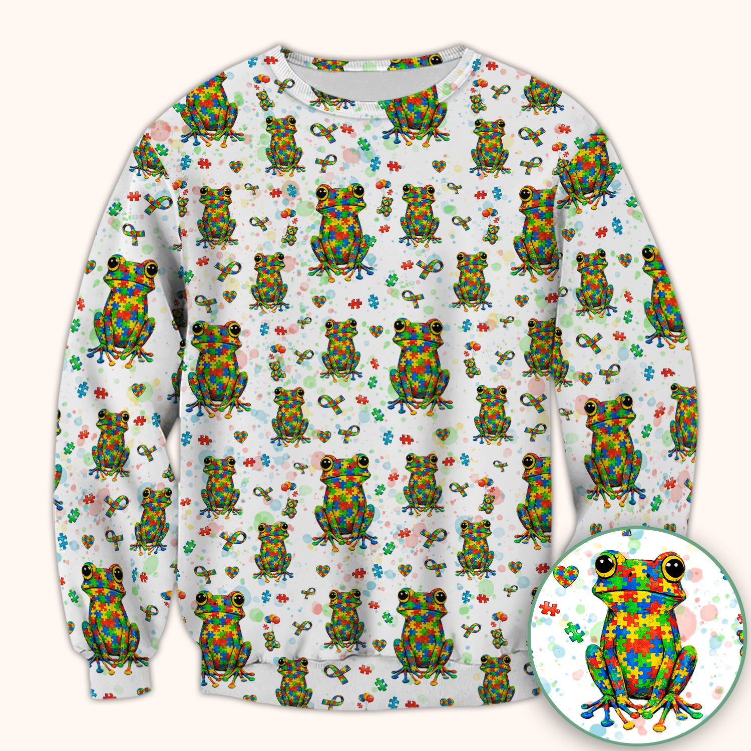 Colorful Autism Puzzle Frog Pattern Scrubs Top, Comfortable Scrubs for Nurses