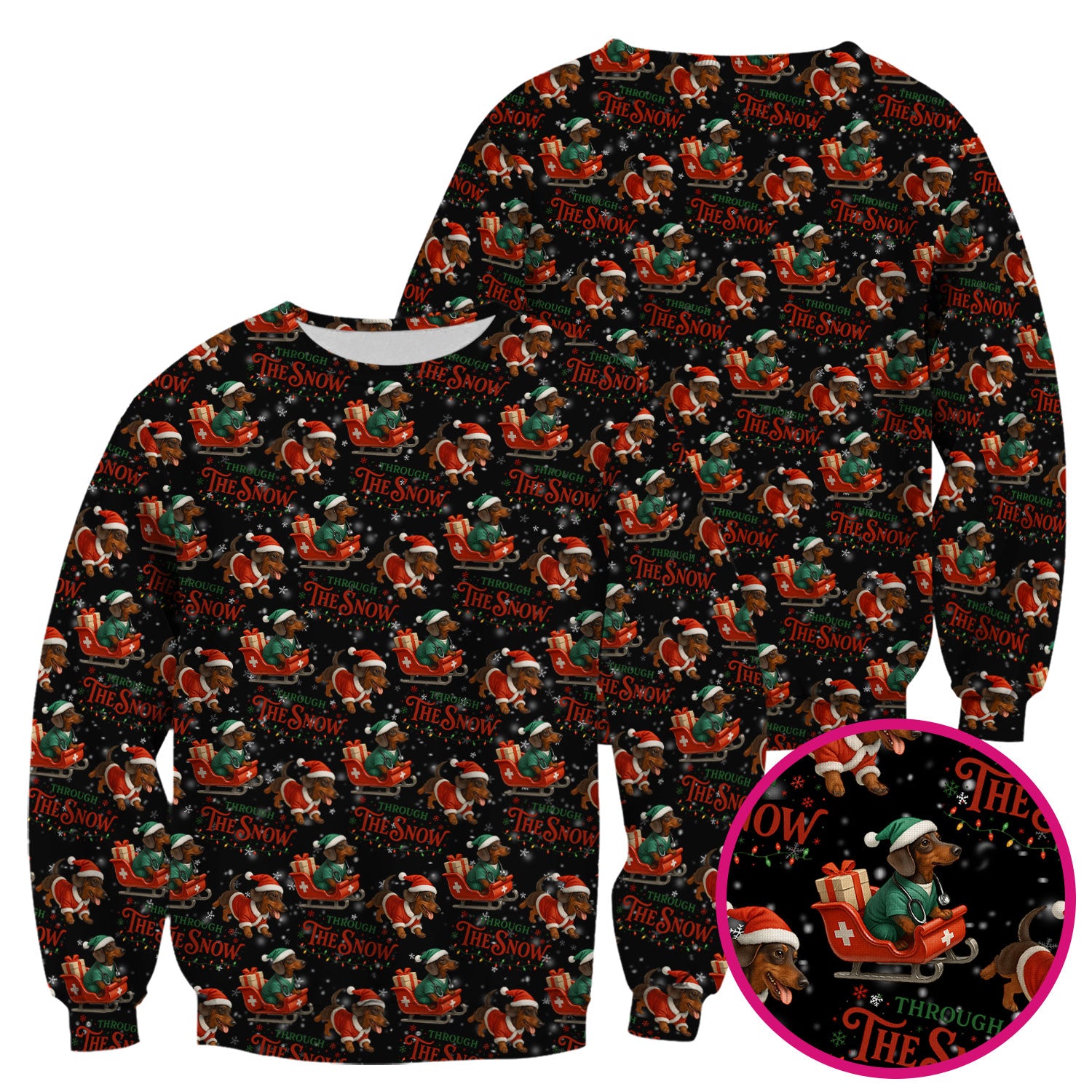 Dachshund Christmas Scrub Top, Cute Dog Nurse Scrub Shirt, Through The Snow Pattern Nursing Uniform