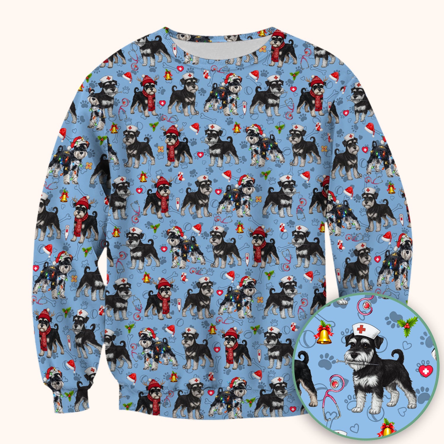 Christmas Schnauzer Scrubs for Nurses - Cute Dog Holiday Scrub Top - Funny Santa Nursing Medical Shirt for Women