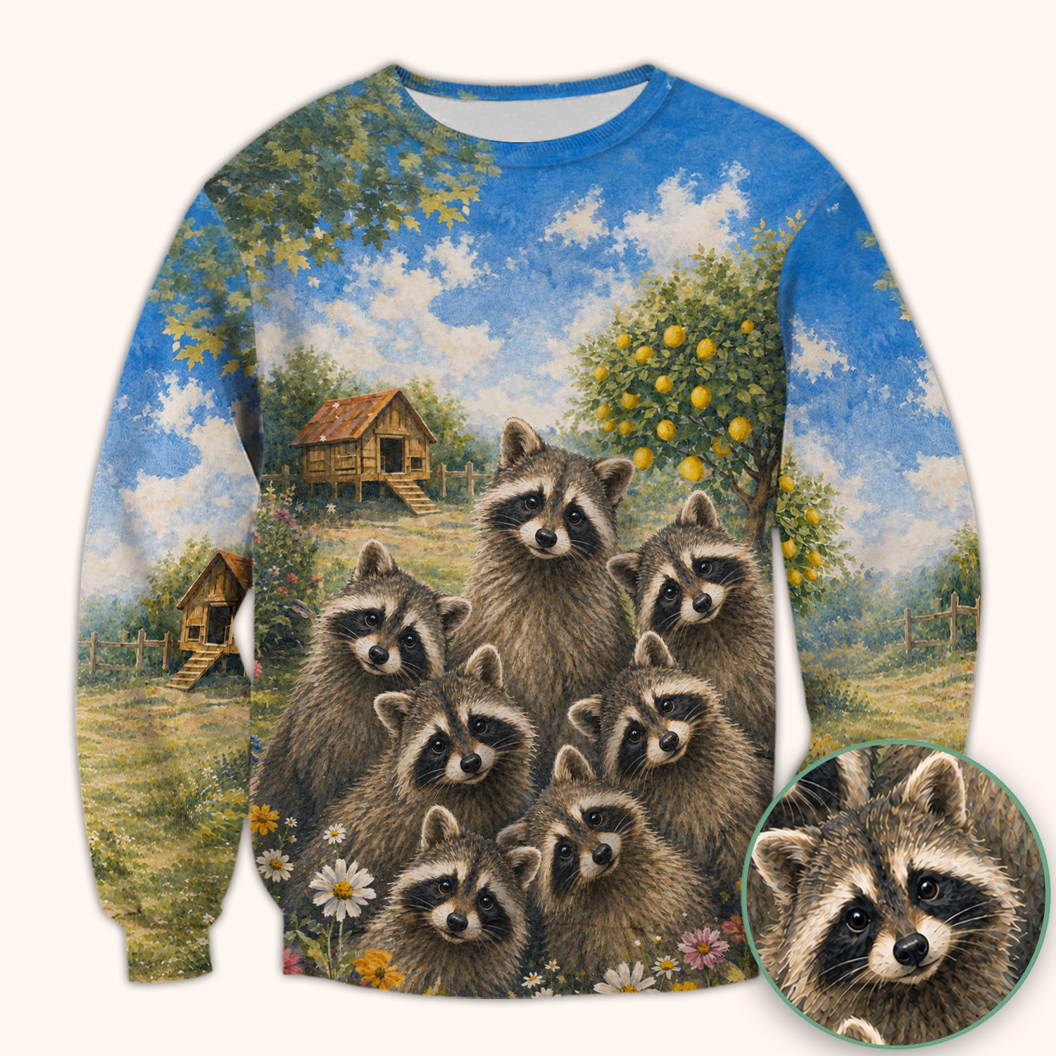 Adorable Raccoon Family Garden Pattern Scrub Top, Comfortable Scrubs for Nurses