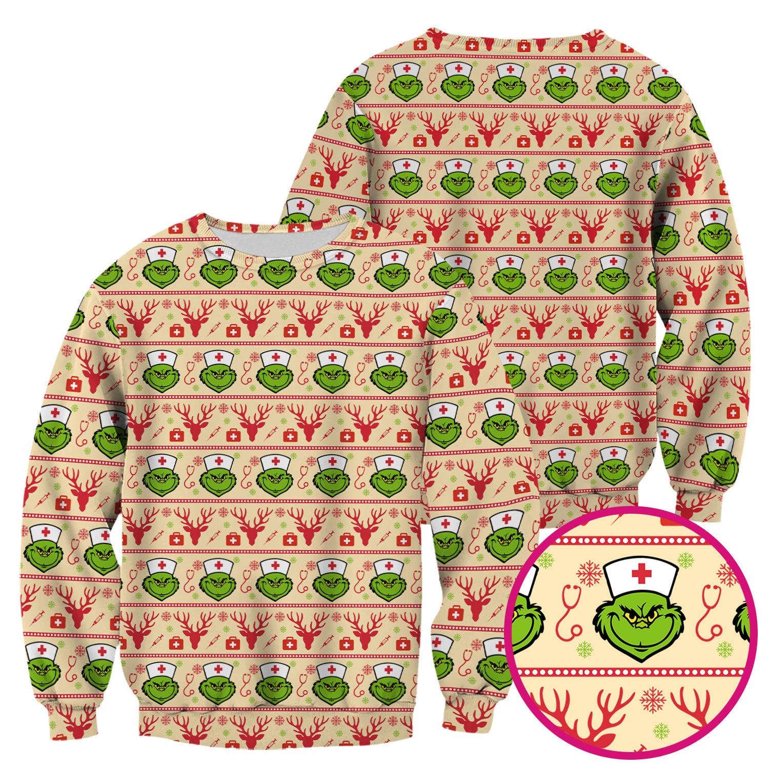 Grinch Nurse Ugly Christmas Scrub Top - Funny Holiday Nursing Scrubs Shirt - Cute Medical Workwear for Women with Festive Pattern