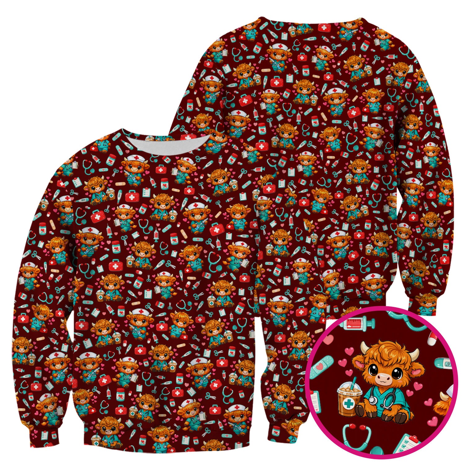 Cute Highland Cow Nurse Scrub Top, Kawaii Medical Pattern Shirt, Breathable Fabrics Nursing Uniform