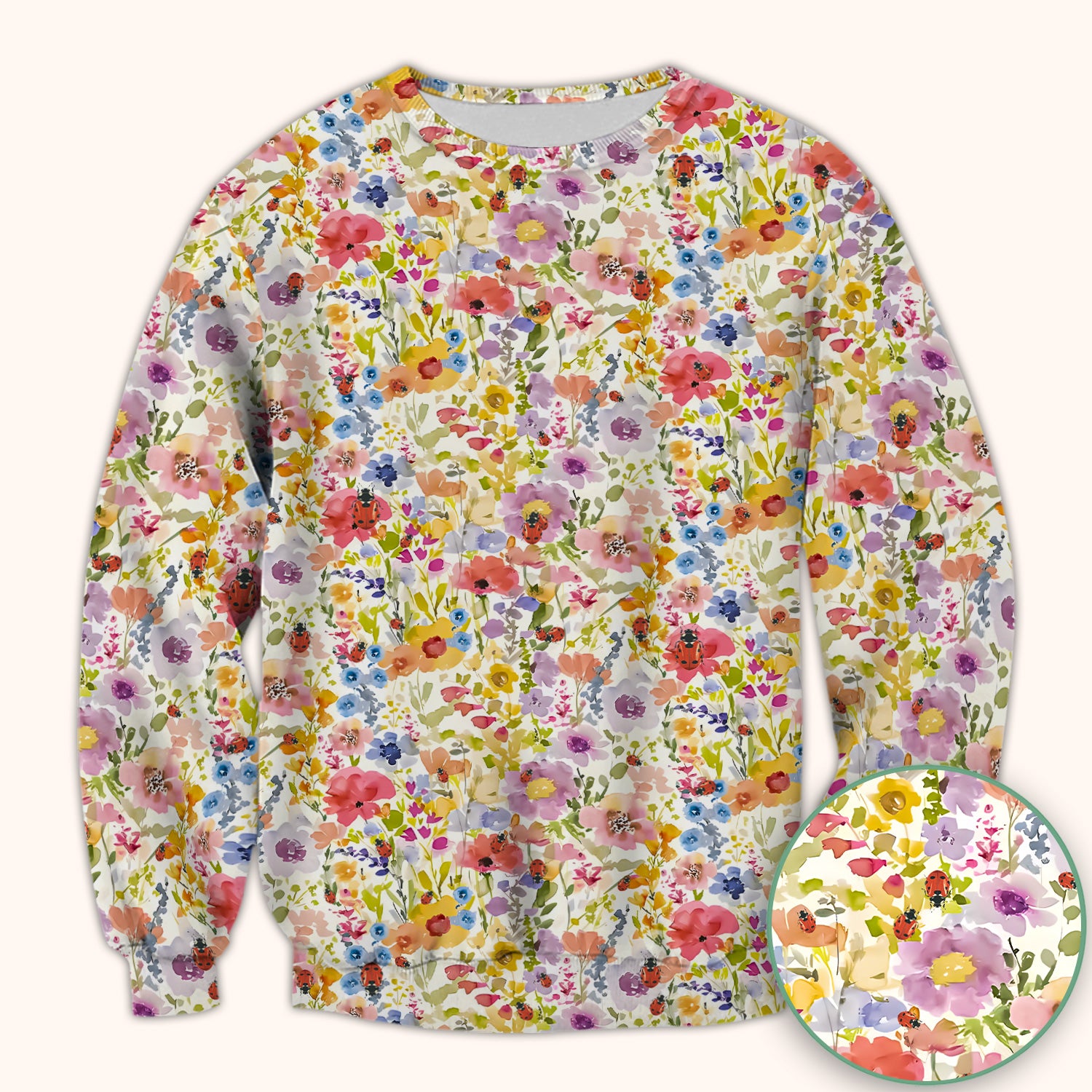 Cute Wildflower Ladybug Garden Pattern Scrub Top, Comfortable Scrubs for Nurses