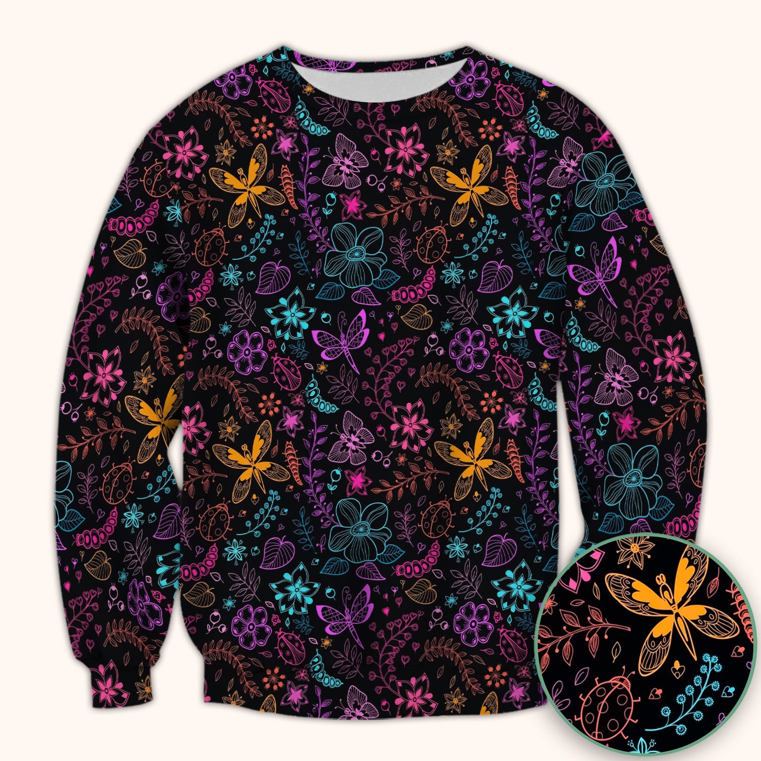 Neon Butterfly and Floral Garden Pattern Scrub Top, Comfortable Scrubs for Nurses