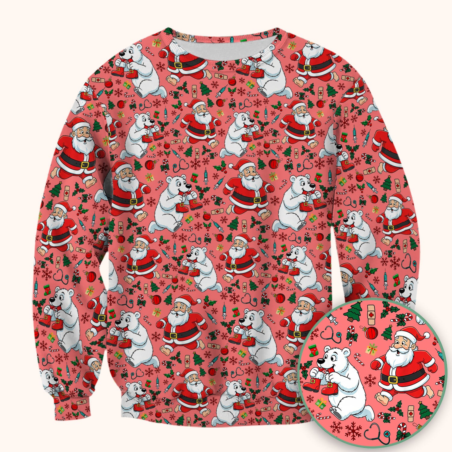 Christmas Santa & Polar Bear Scrub Top - Funny Holiday Nurse Shirt for Women - Cute Winter Medical Uniform