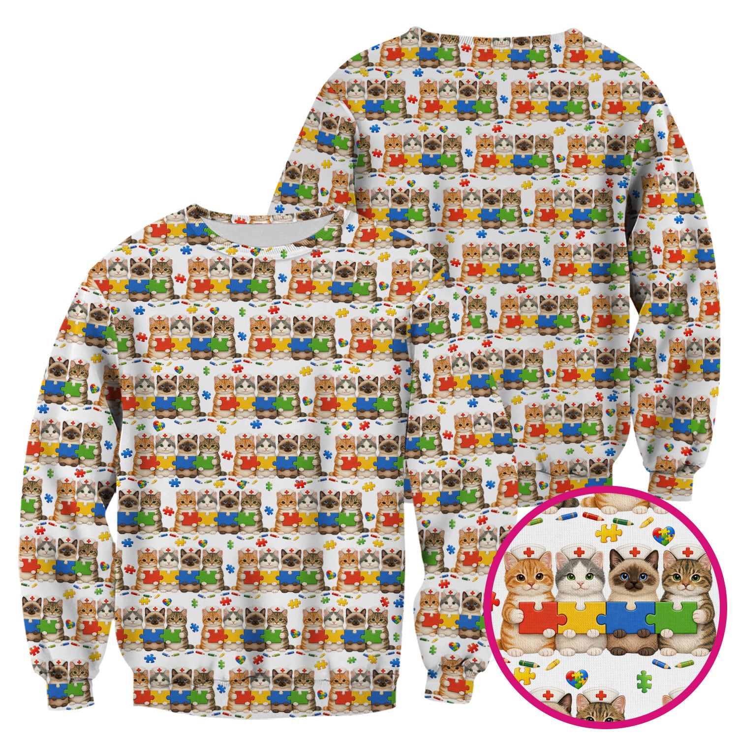 Autism Awareness Nurse Scrub Top, Cat Autism Pattern Nurses Shirt, Comfortable Uniform Scrubs For Nursing