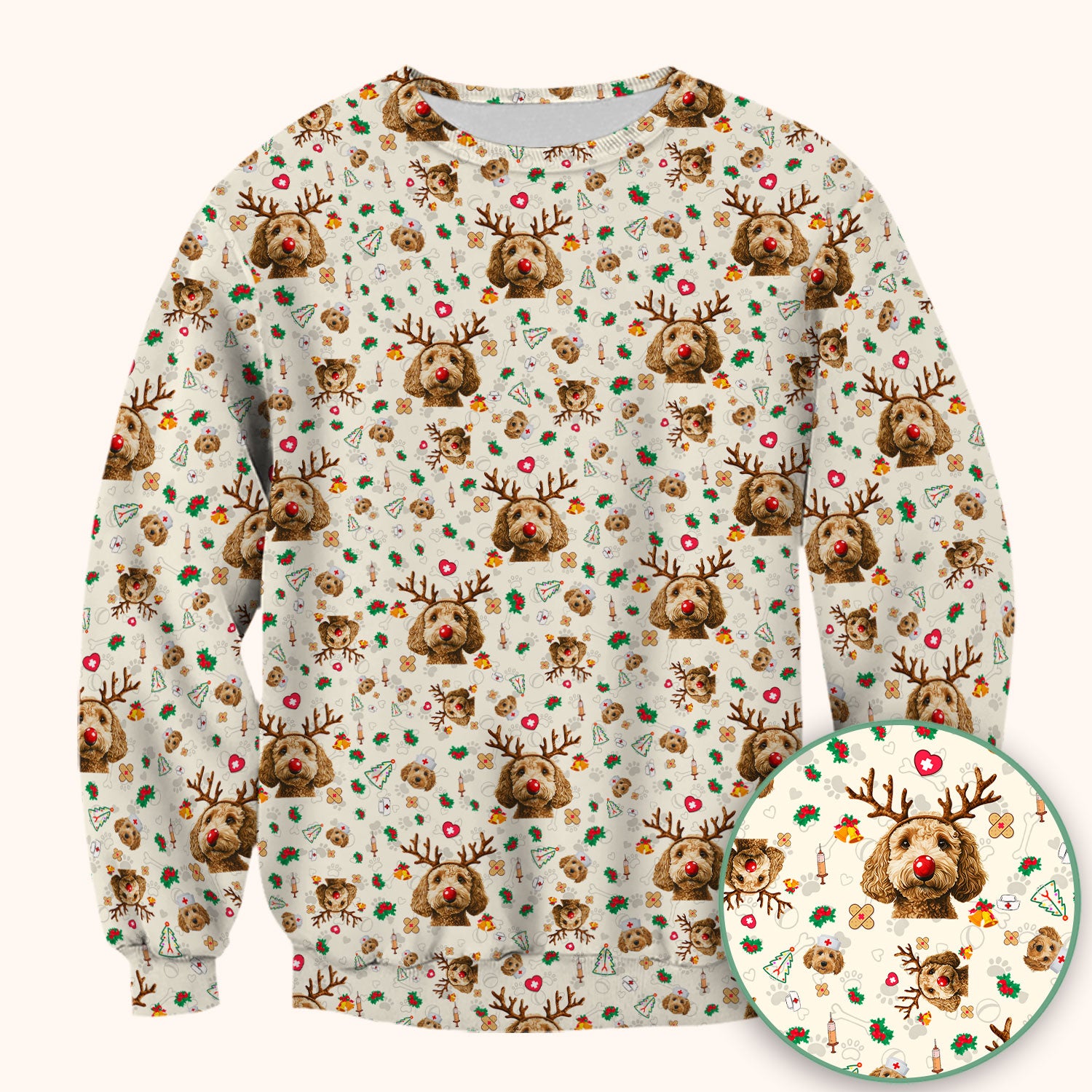 Labradoodle Reindeer Christmas Scrub Top - Funny Dog Nurse Shirt - Cute Holiday Medical Uniform for Women RN LPN CNA Gift